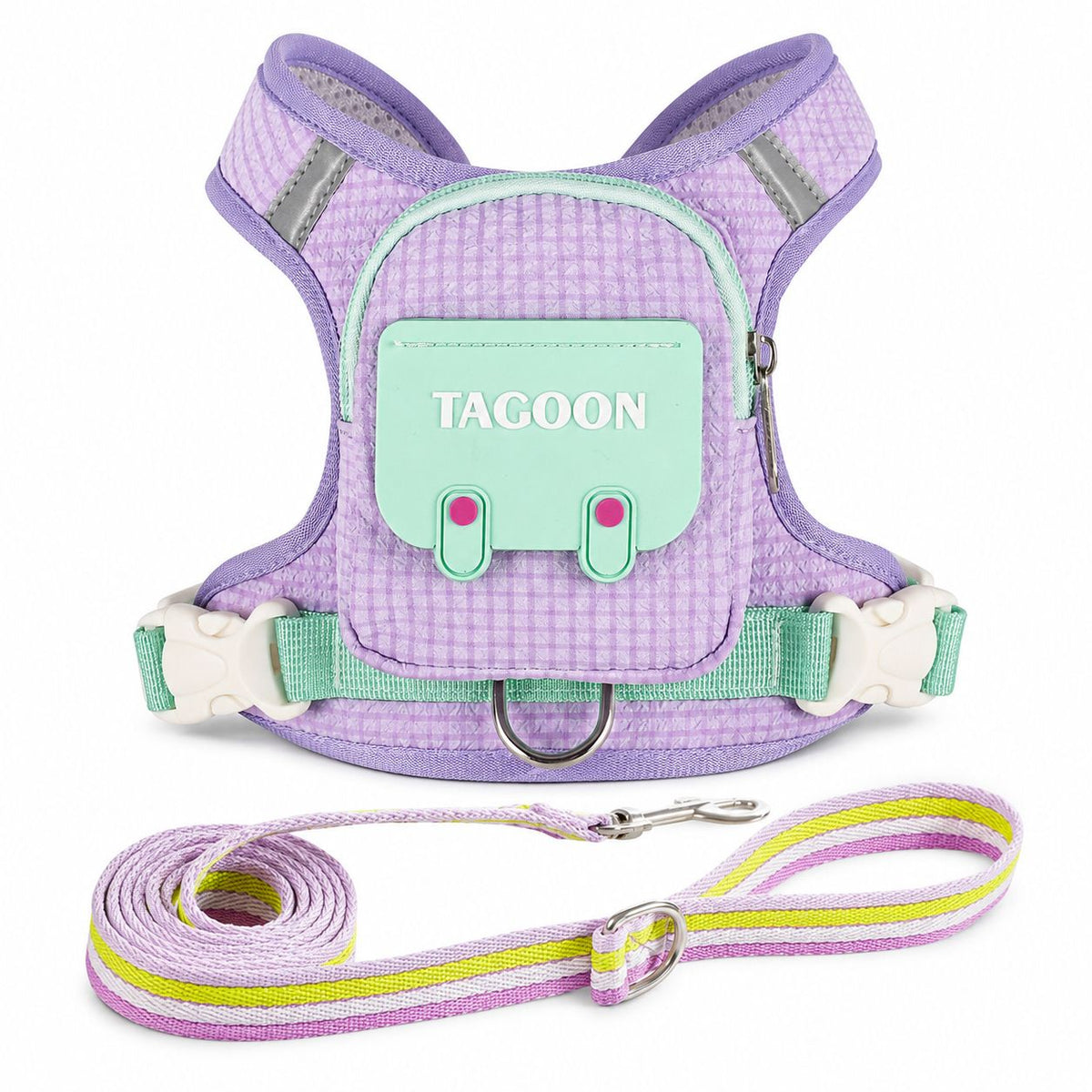 Purple 3 in 1 Dog Walking Harness with Backpack and Leash (Size M)- Adjustable Pet Harness with Zipper Storage Bag and Reflective Strips for Small and Medium Dogs