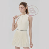 Beige Size L Women's Tennis Dress - Pleated Skirt One Piece Sports Dress with Built In Shorts, Open Back, Half Zip Collar and Side Pockets for Tennis, Golf, Pickleball and Activewear