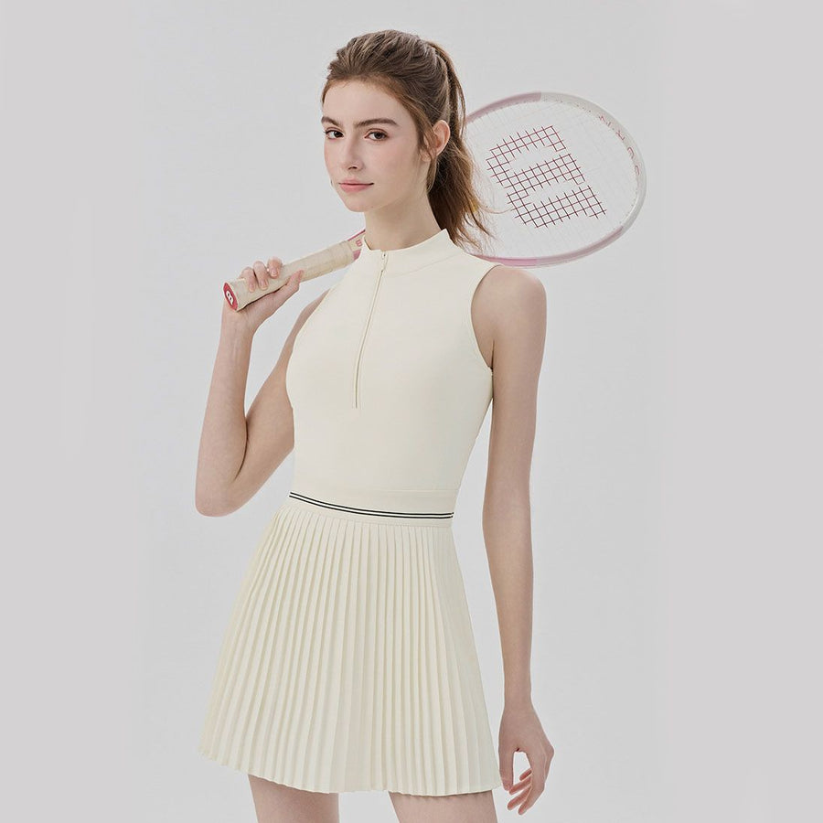 Beige Size XL Women's Tennis Dress - Pleated Skirt One Piece Sports Dress with Built In Shorts, Open Back, Half Zip Collar and Side Pockets for Tennis, Golf, Pickleball and Activewear