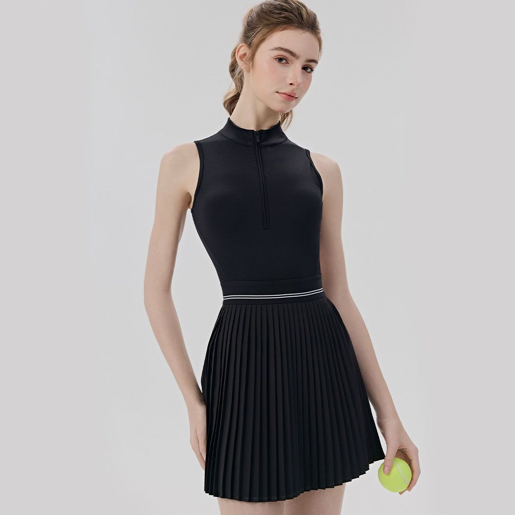 Black Size L Women's Tennis Dress - Pleated Skirt One Piece Sports Dress with Built In Shorts, Open Back, Half Zip Collar and Side Pockets for Tennis, Golf, Pickleball and Activewear