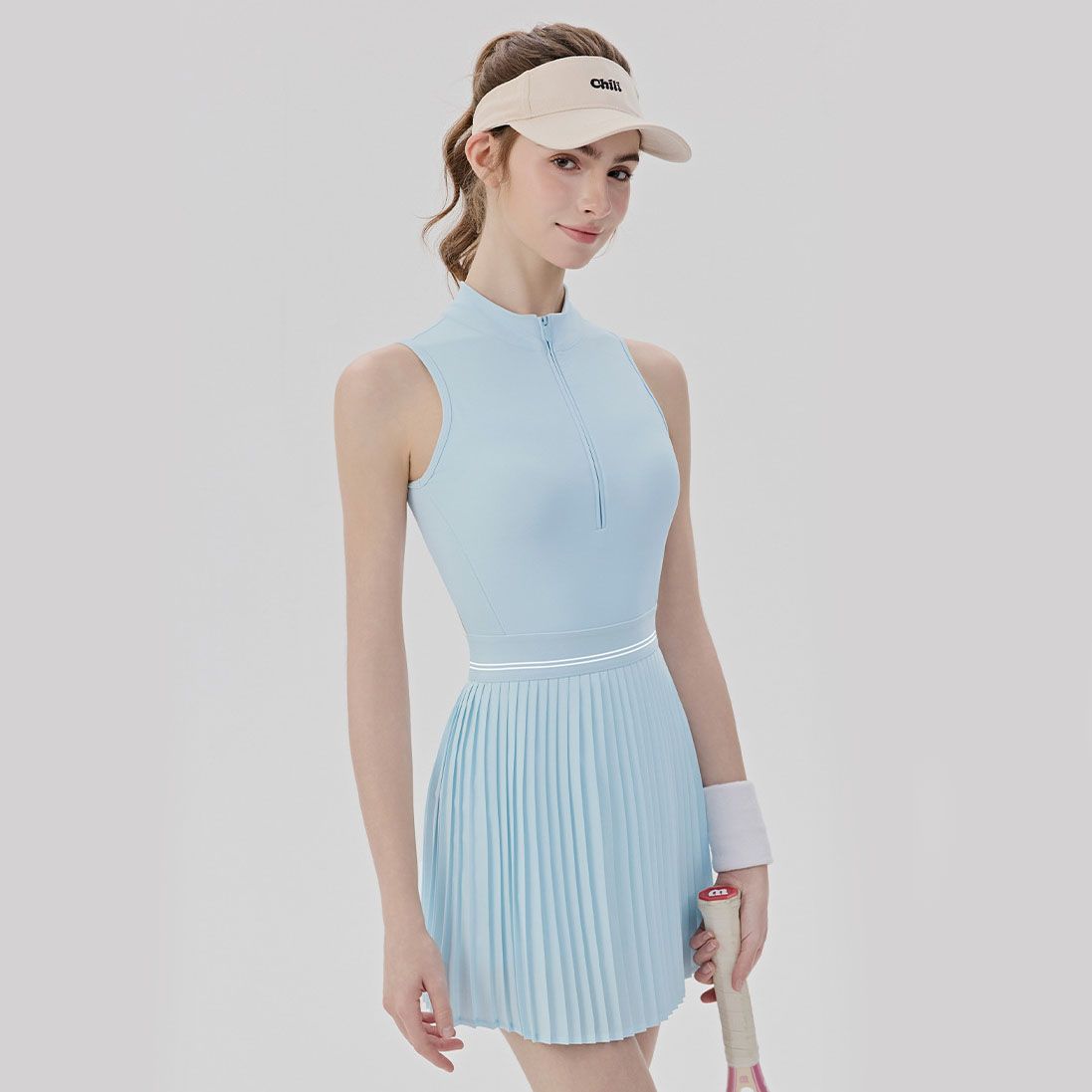 Blue Size M Women's Tennis Dress - Pleated Skirt One Piece Sports Dress with Built In Shorts, Open Back, Half Zip Collar and Side Pockets for Tennis, Golf, Pickleball and Activewear