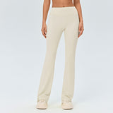 Beige Size M Women's High Waisted Yoga Flare Leggings - V Back Seam Micro Flare Workout Pants with Wide Waistband for Yoga, Pilates, Gym and Casual Wear