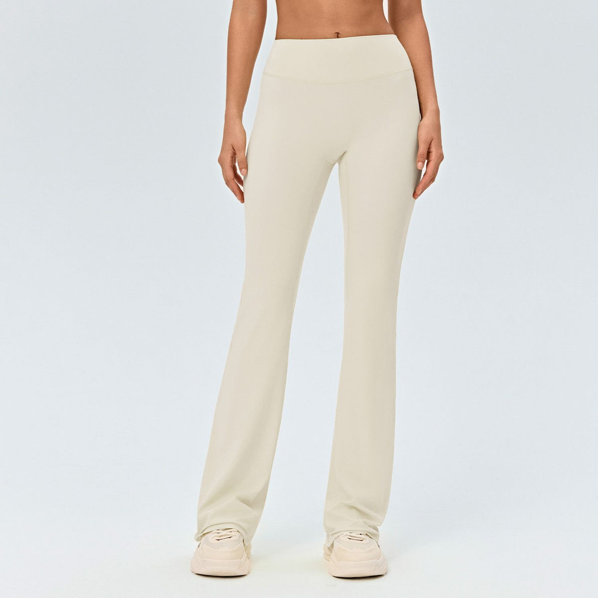Beige Size M Women's High Waisted Yoga Flare Leggings - V Back Seam Micro Flare Workout Pants with Wide Waistband for Yoga, Pilates, Gym and Casual Wear