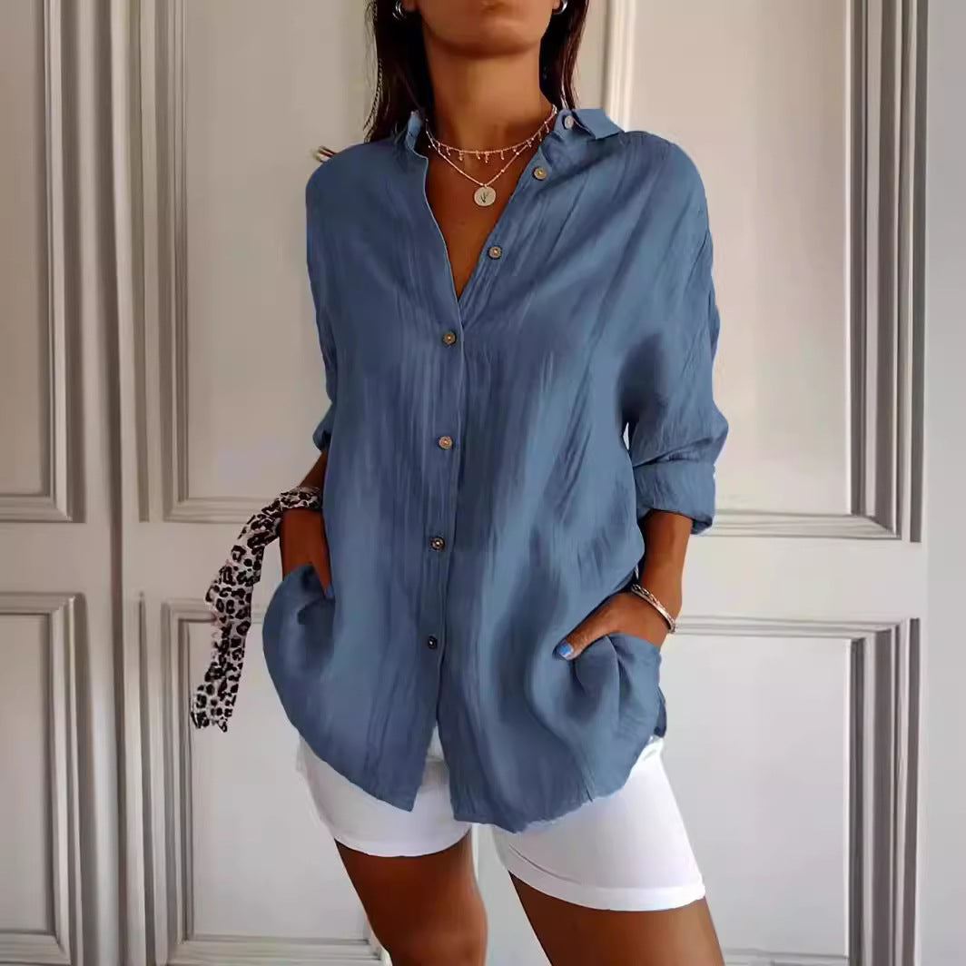Lapel Long Sleeve Shirt Womens Single-breasted Pleated Shirt Tops