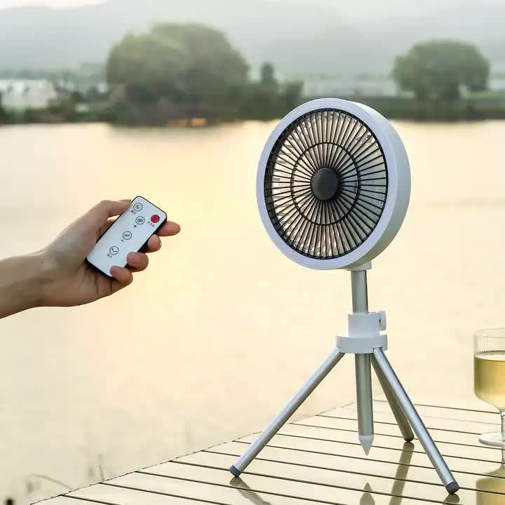 White Portable Outdoor Tripod Fan â€“ USB Rechargeable Camping Fan with Remote Control, Folding & Adjustable for Outdoor
