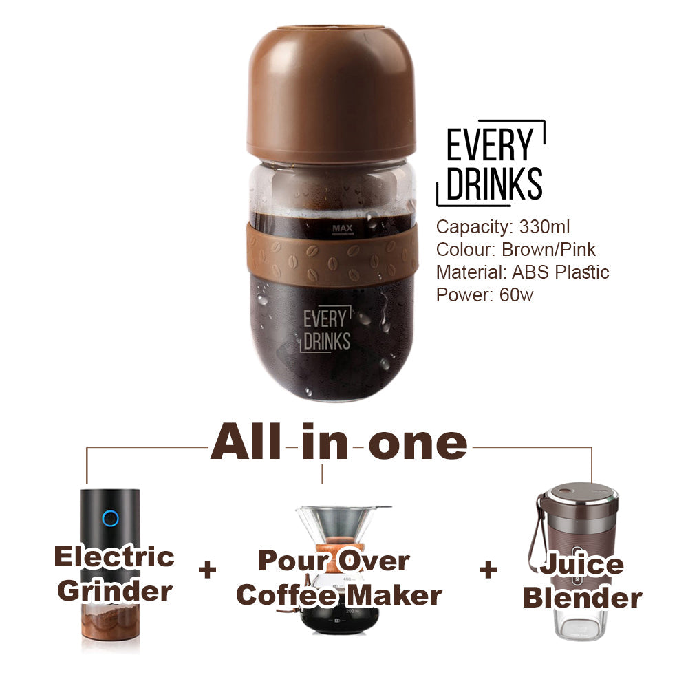 Brown All in1 Anywhere Portable Drip Pour Over Coffee Maker + Electric Grinder + Juice Blender Anywhere Freshly Ground C