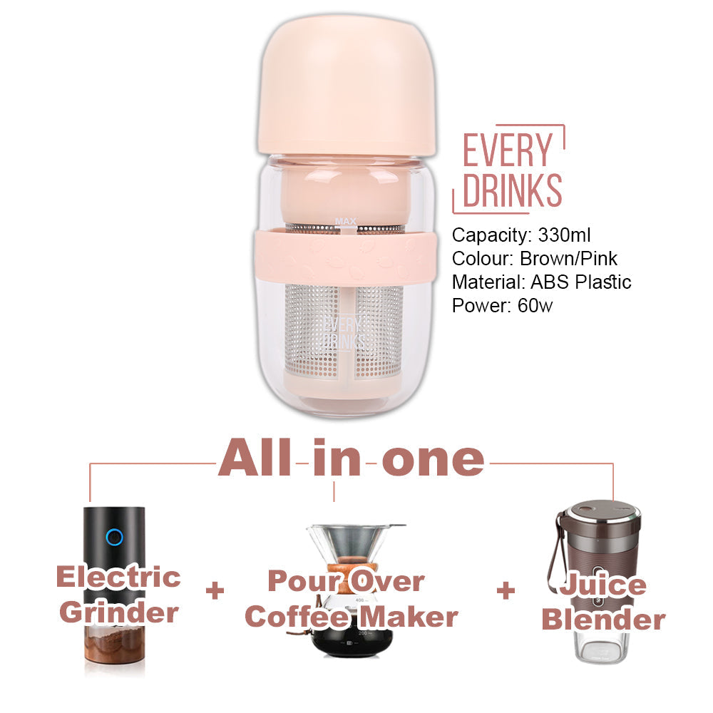 Pink All in1 Anywhere Portable Drip Pour Over Coffee Maker + Electric Grinder + Juice Blender Anywhere Freshly Ground Co