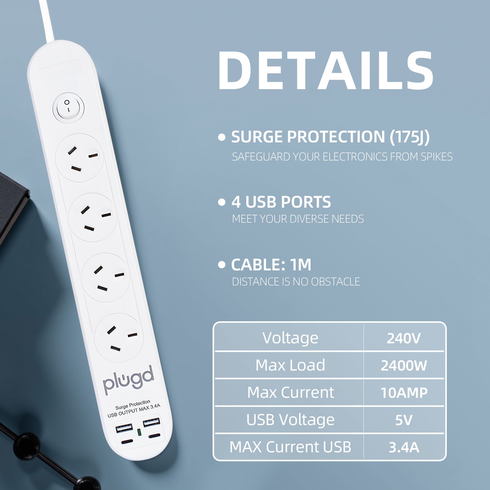 Plugd 2 USB A + 2 USB C 240V 10A Powerboard with Surge Protection