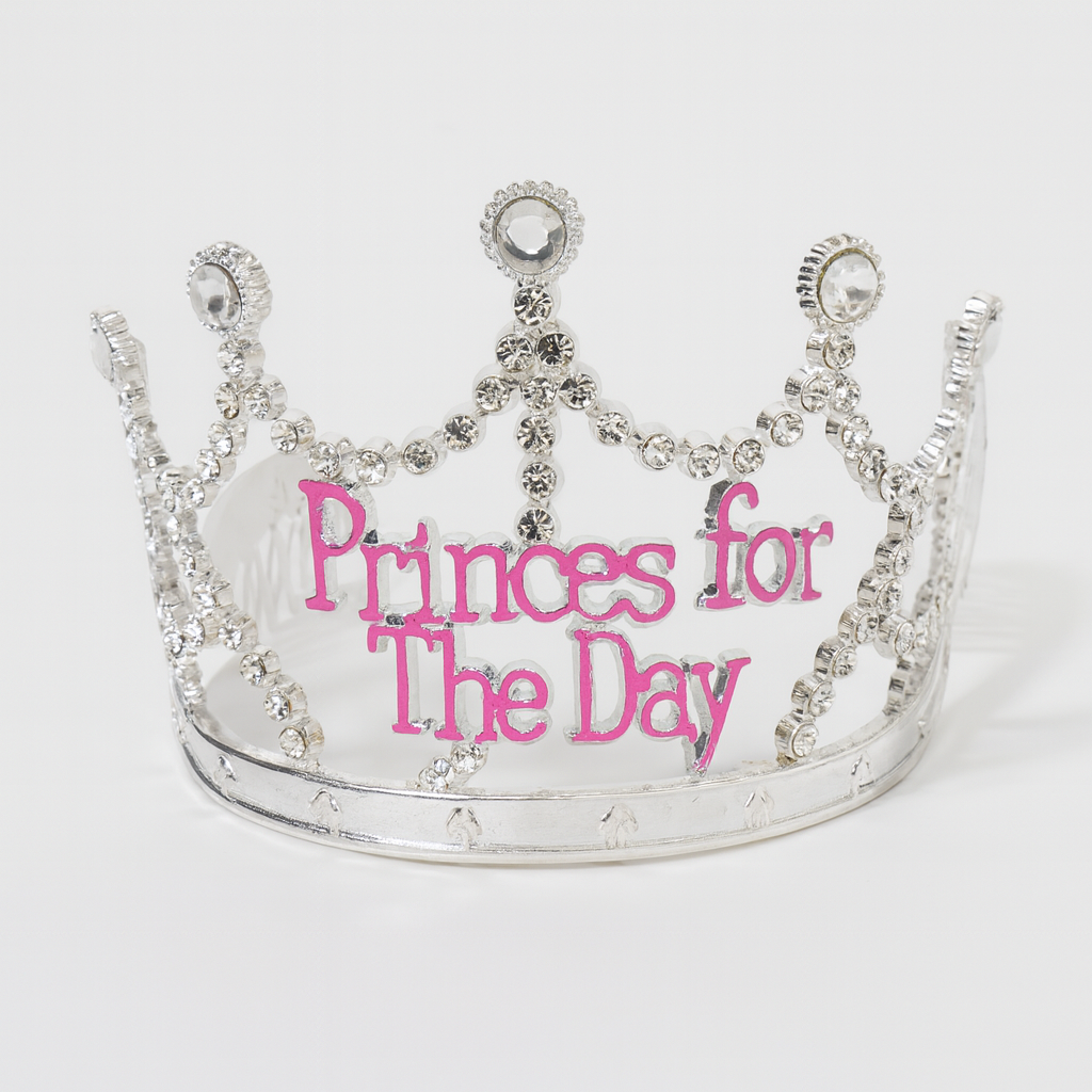 Princess for the Day Tiara – Silver Rhinestone Crown with Pink Lettering - Silver