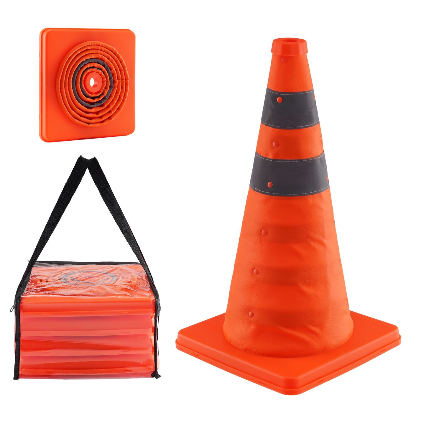 Safety Cones, 4 Pack 18 inch Collapsible Traffic Cones, Construction Cones with Reflective Collars, Wide Base and A Storage Bag, for Traffic Control, Driving Training, Parking Lots