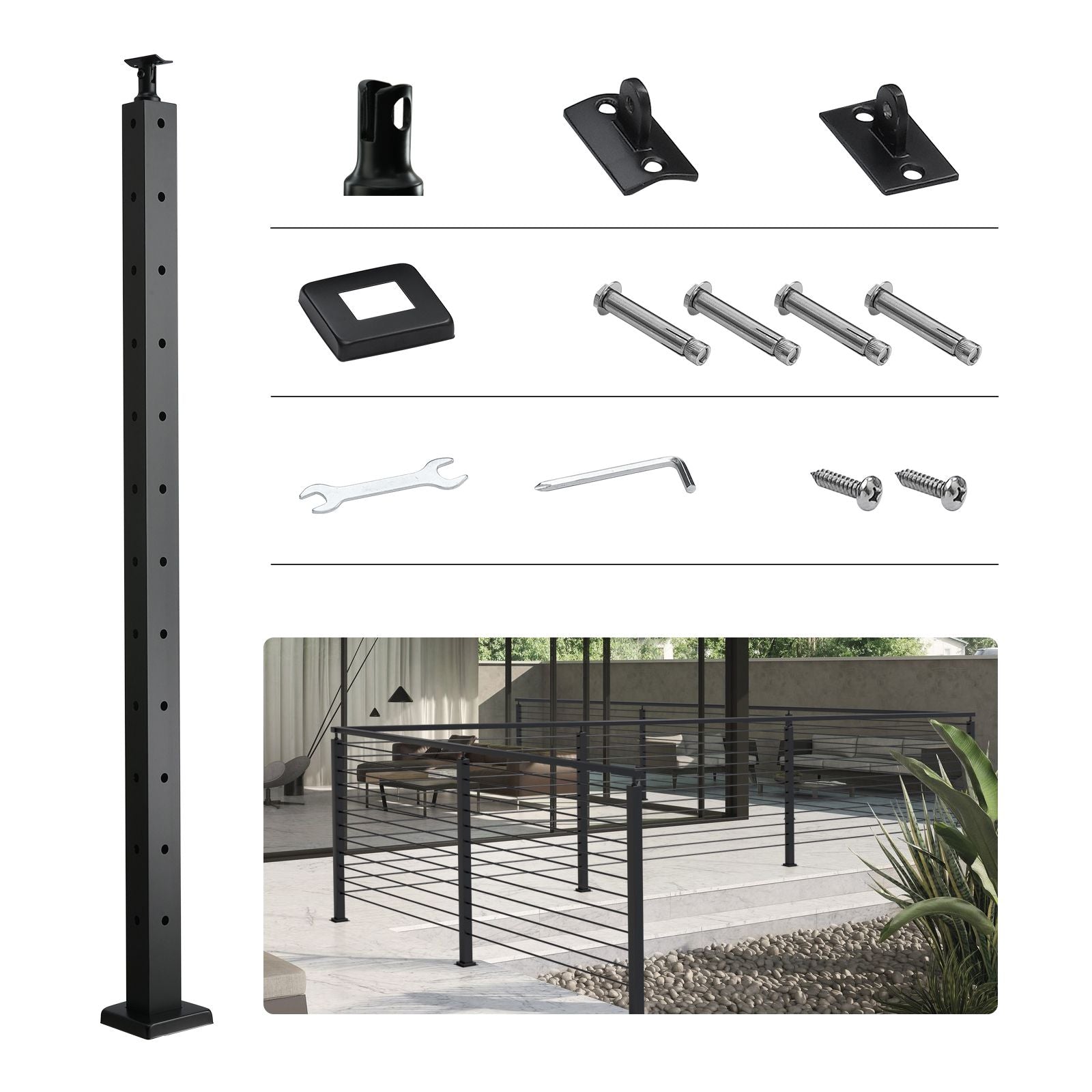 Cable Railing Post, 42" x 1" x 2" Steel L-Shaped Hole Corner Railing Post, 12 Pre-Drilled Holes, SUS304 Stainless Steel Cable Rail Post with Horizontal and Curved Bracket, 1-Pack, Black, 106.7*2.5*5 cm