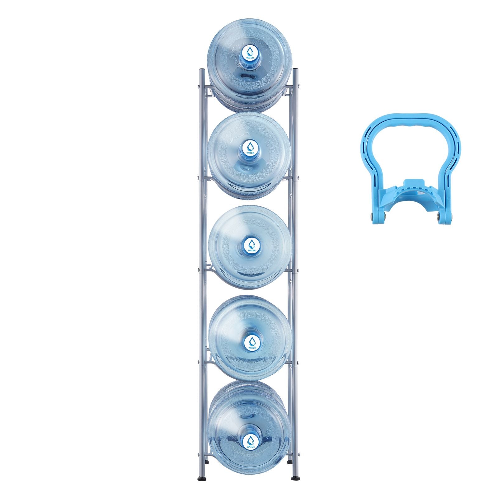5 Tiers Water Jug Holder, 5 Gallon Water Bottle Holder, Single Row Water Bottle Rack for 5 Bottles, Heavy Duty Water Jug Rack for Kitchen, Office, Living Room, Silver