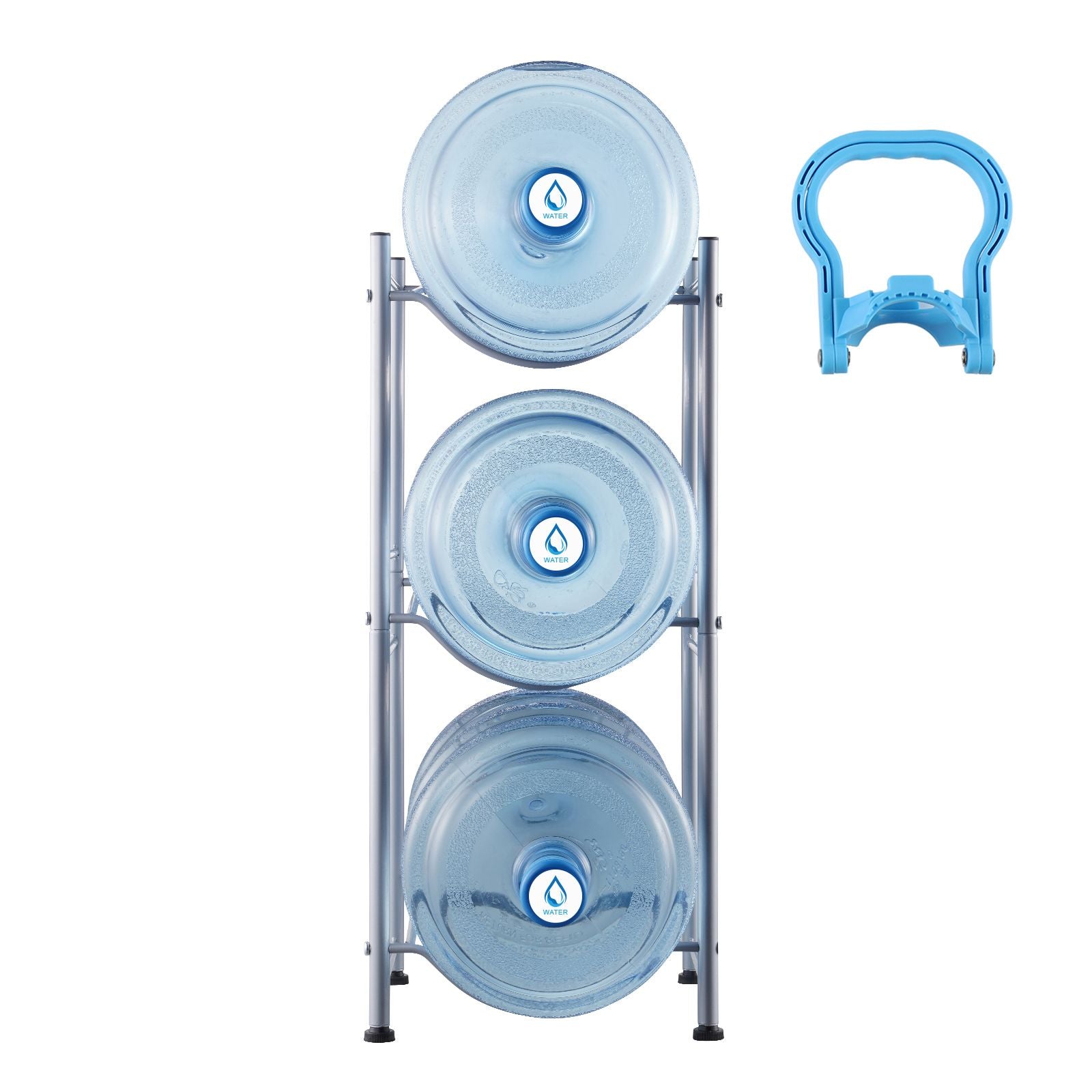 3 Tiers Water Jug Holder, 5 Gallon Water Bottle Holder, Single Row Water Bottle Rack for 3 Bottles, Heavy Duty Water Jug Rack for Kitchen, Office, Living Room, Silver