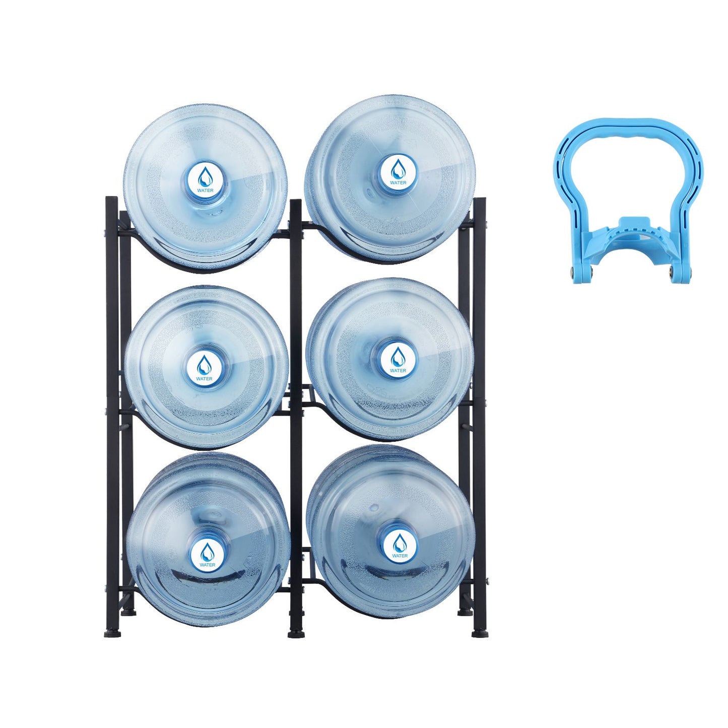 3 Tiers Water Jug Holder, 5 Gallon Water Bottle Holder, Double Row Water Bottle Rack for 6 Bottles, Heavy Duty Water Jug Rack for Kitchen, Office, Living Room, Black