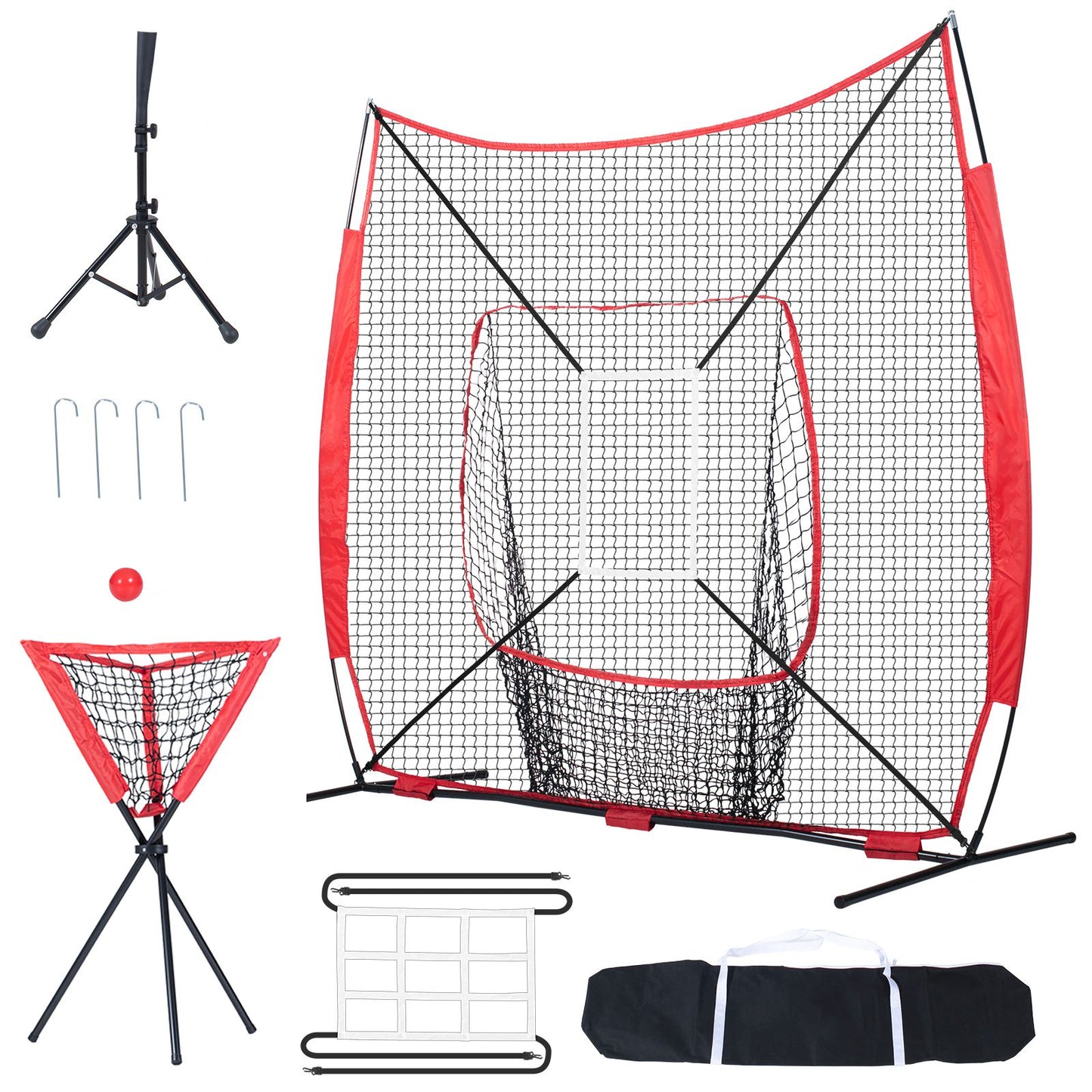 7x7 Baseball Softball Practice Net, Portable Baseball Training Net for Hitting Catching Pitching, Backstop Baseball Equipment with Bow Frame, Carry Bag, Strike Zone, Ball, Tee, Ball Collector