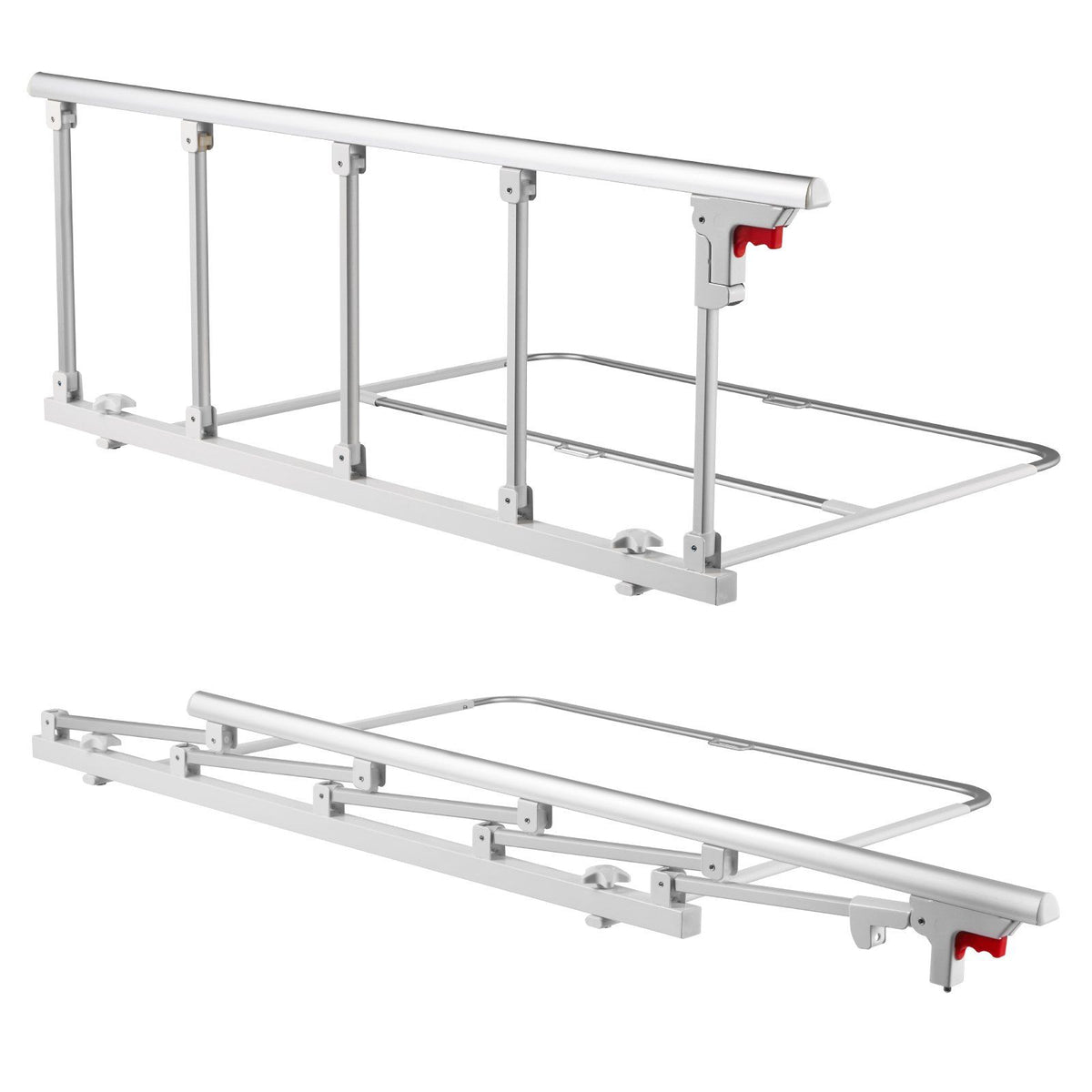 Foldable Bed Rail for Elderly, 122 cm Bedside Assist Rail with Fixing Strap, Adjustable Height Pipe Bedside Cane, High-Strength Metal Senior Bed Bar, Hand Guard Grab Fits King, Queen, Full, Twin