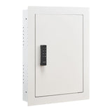 White 0.83 sq.ft wall safe with password, key, and turning knob.