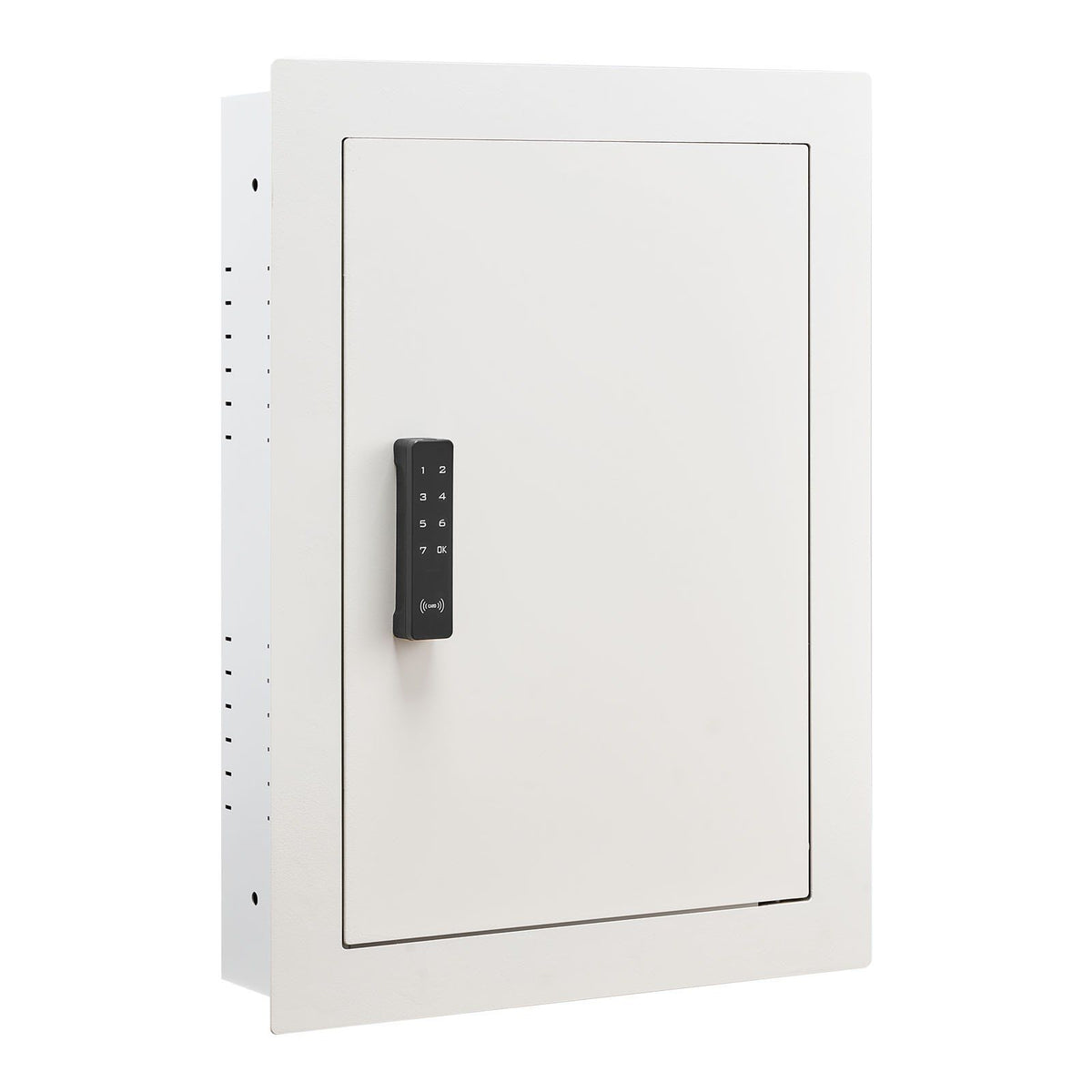 White 0.83 sq.ft wall safe with password, key, and turning knob.