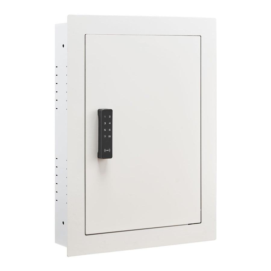 White 0.83 sq.ft wall safe with password, key, and turning knob.