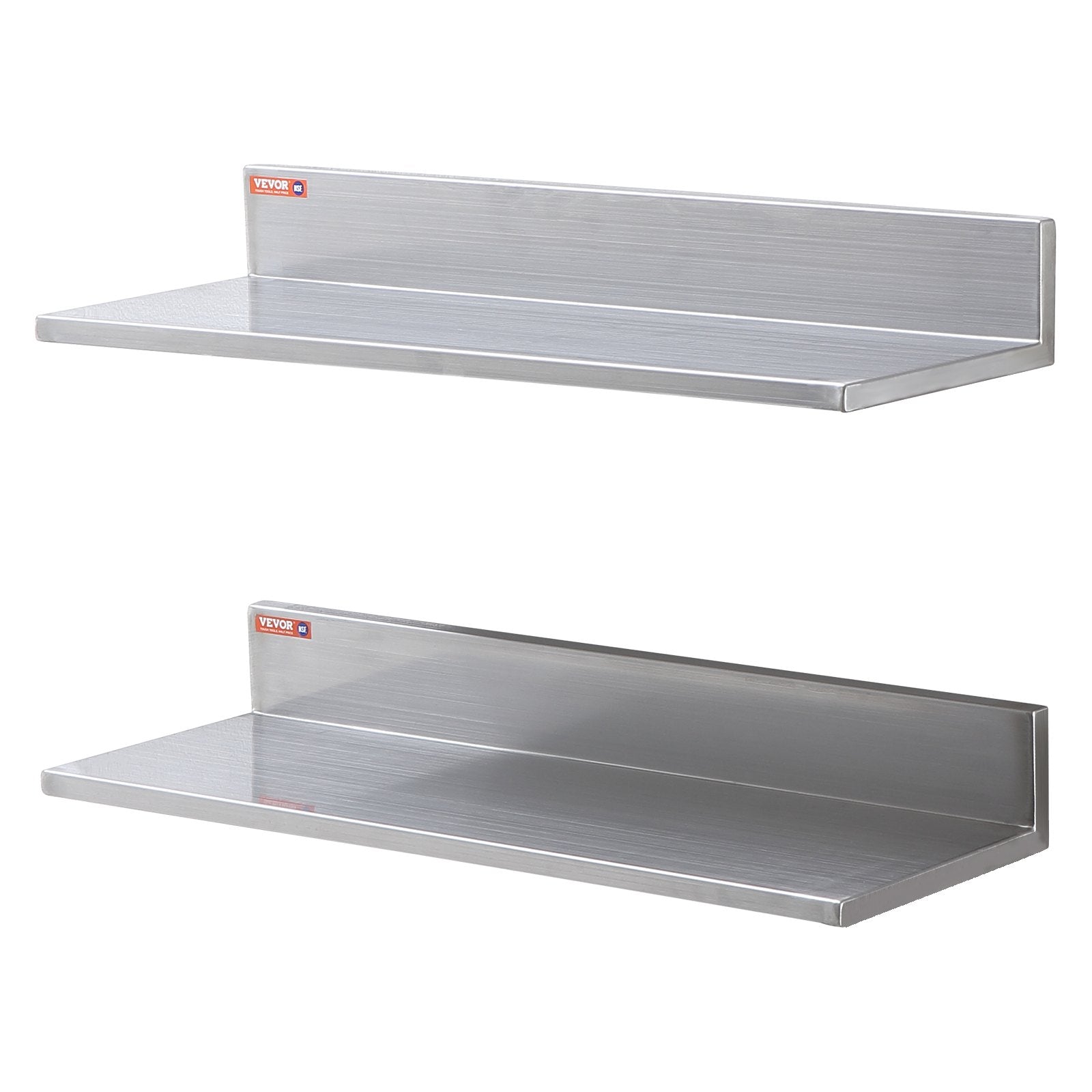 VEVOR 8.6" x 24" Stainless Steel Shelf, Wall Mounted Floating Shelving with Backsplash, 44 lbs Load Capacity Commercial Shelves, Heavy Duty Storage Rack for Restaurant, Kitchen, Bar, Home, and Hotel (2 Packs)