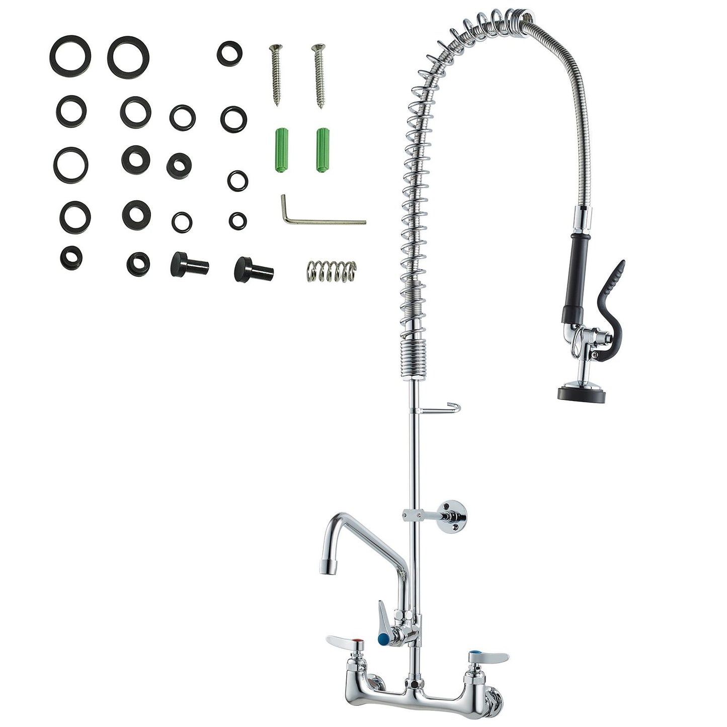 Commercial Faucet with Pre-Rinse Sprayer, 36" Height, 8" Center, 12" Swing Spout, Wall Mount Kitchen Sink Faucet, Brass Constructed Device with Pull Down Spray, for 1/2/3 Compartment Sink