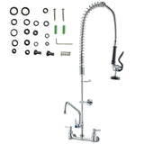 Commercial Faucet with Pre-Rinse Sprayer, 36" Height, 8" Center, 12" Swing Spout, Wall Mount Kitchen Sink Faucet, Brass Constructed Device with Pull Down Spray, for 1/2/3 Compartment Sink