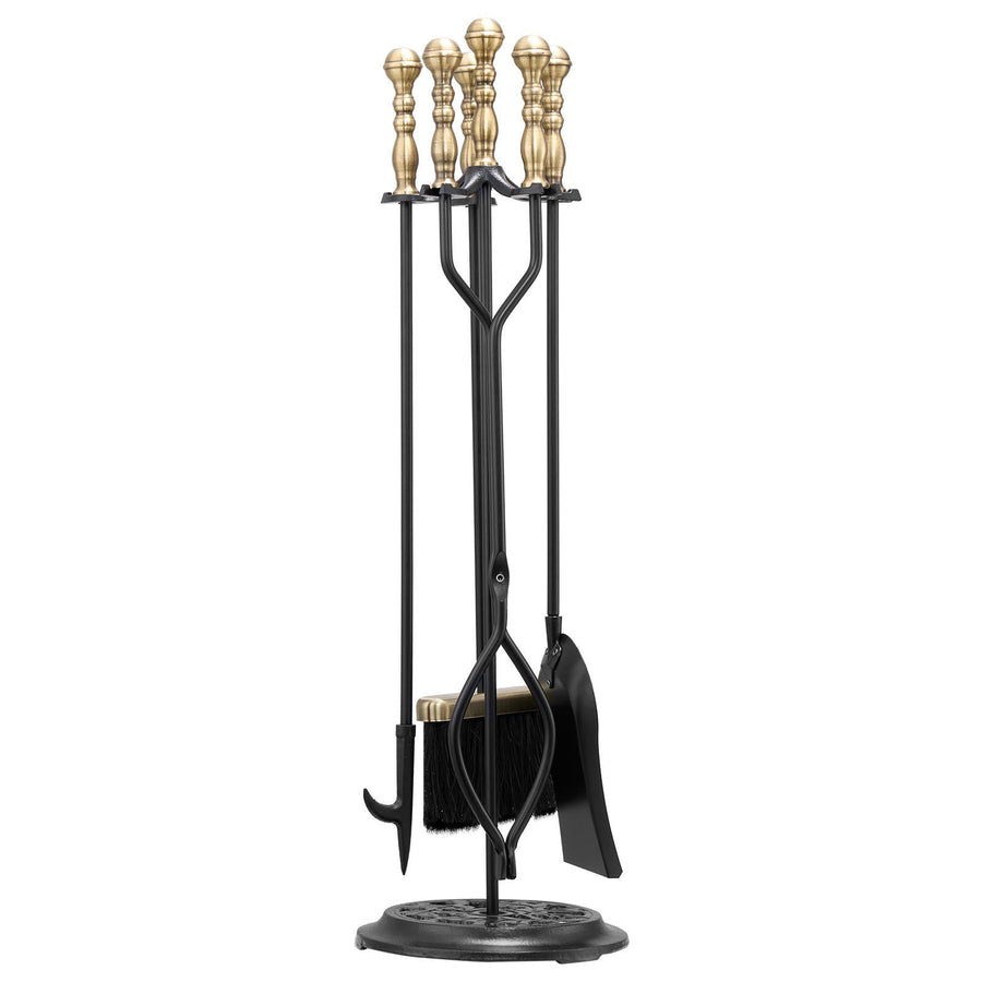 Fireplace Tool Set, 5 PCS Fire Tool Set and Holder with Five-Prong Stand, Tongs, Ash Shovel, Brush, Fire Place Poker, Wrought Iron Fireplace Accessories for Indoor/Outdoor, Black & Brass