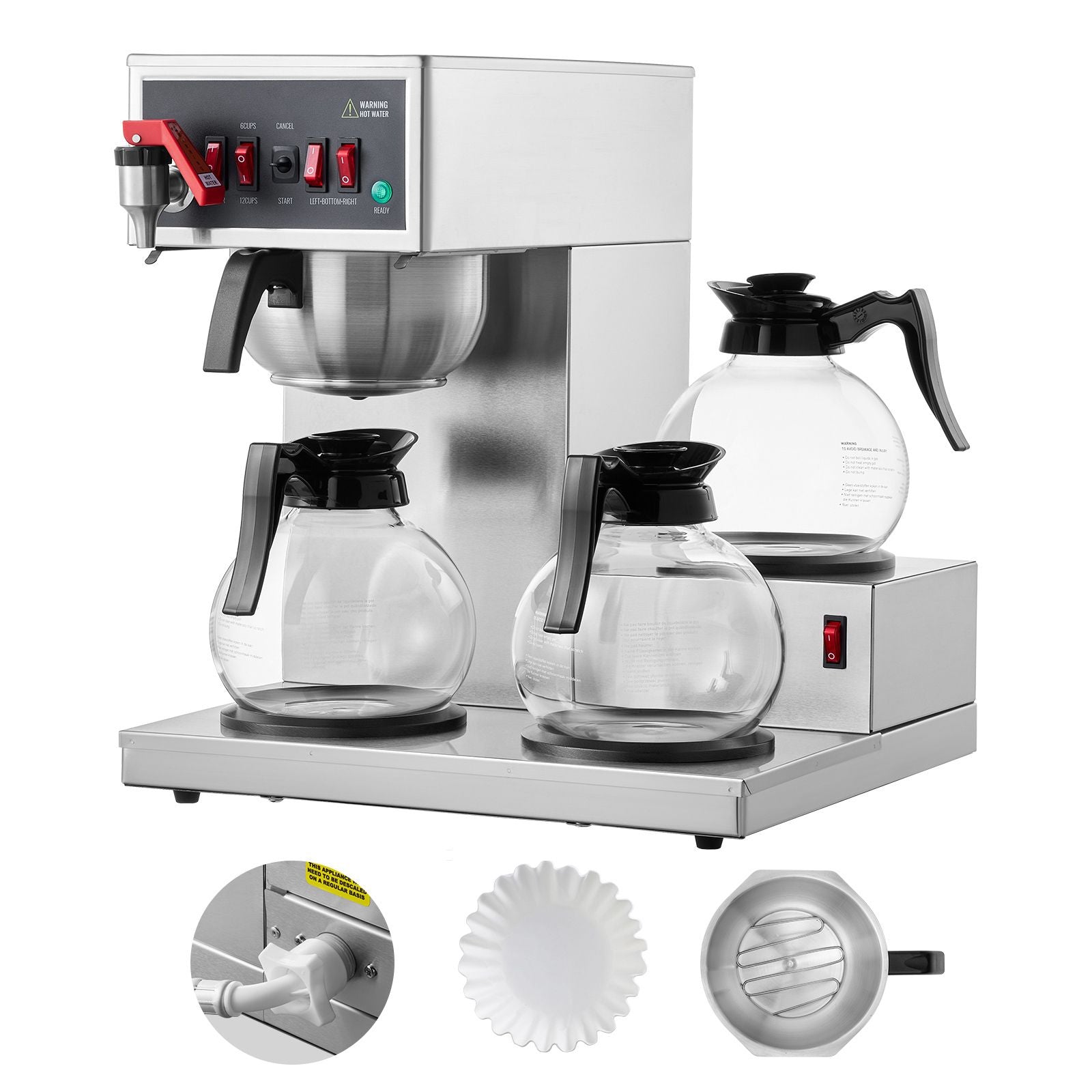 12 Cups Commercial Drip Coffee Maker with 3 Glass Carafes and 3 Warmers