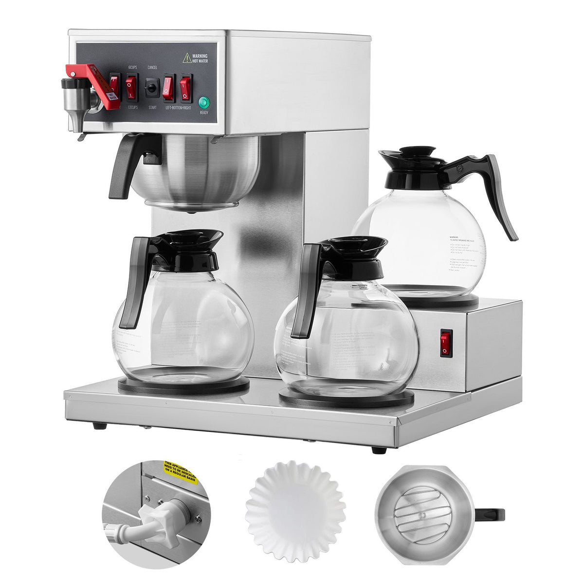12 Cups Commercial Drip Coffee Maker with 3 Glass Carafes and 3 Warmers