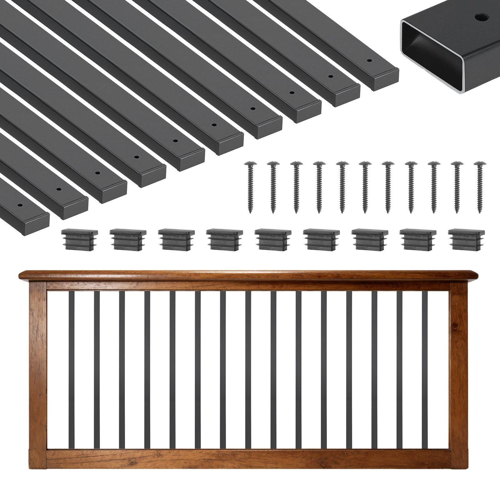 61 Pack Deck Balusters, 82 cm Galvanized Steel Railing Spindles, Hollow Rectangle Metal Decking Stair Balusters with Pre-Drilled Hole, End Caps, Screws, for Deck, Porch & Stair Railing, Black
