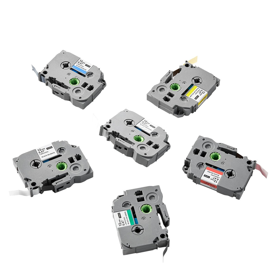 VEVOR Label Maker Tape, 6 Pack, 0.47 in / 12 mm Colored Label Maker Refills Compatible for Various Types of Brother P-Touch, Replacement for Letra Tag TZe-131 TZe-231 TZe-431 TZe-531 TZe-631 TZe-731