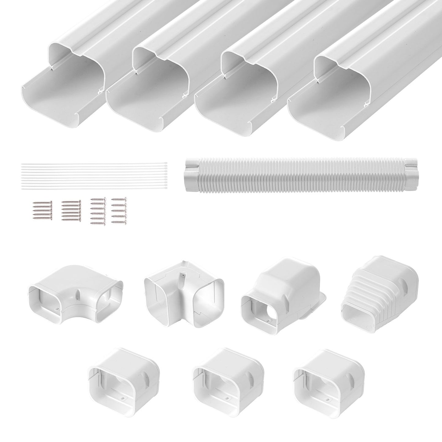 Mini Split Line Set Cover 76.2mm W 4830mm L, PVC Decorative Pipe Line Cover For Air Conditioner with 4 Straight Ducts & Full Components Easy to Install, Paintable for Heat Pumps, White