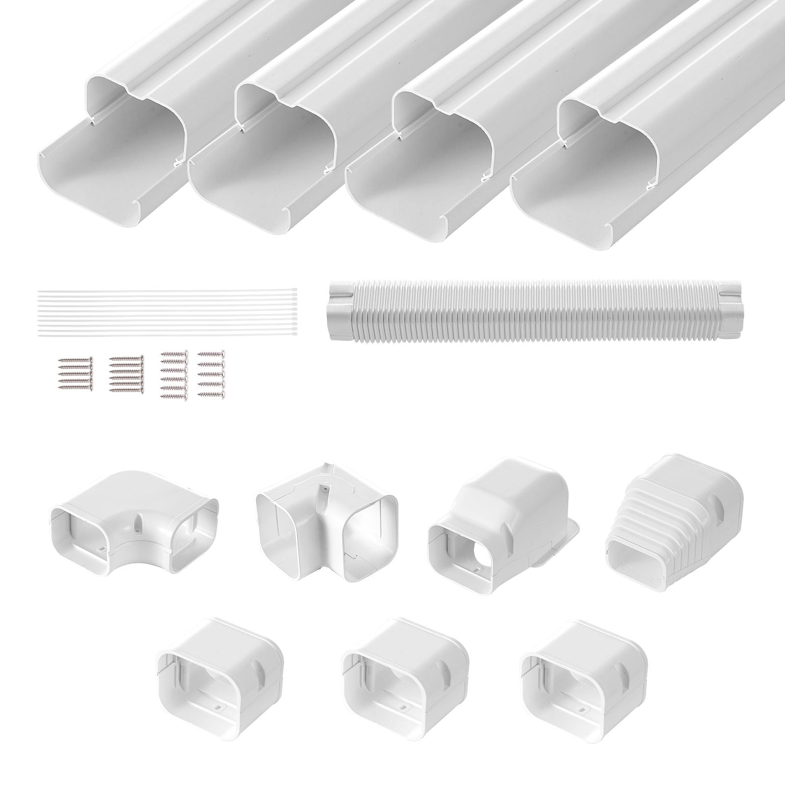 Mini Split Line Set Cover 76.2mm W 4830mm L, PVC Decorative Pipe Line Cover For Air Conditioner with 4 Straight Ducts & Full Components Easy to Install, Paintable for Heat Pumps, White
