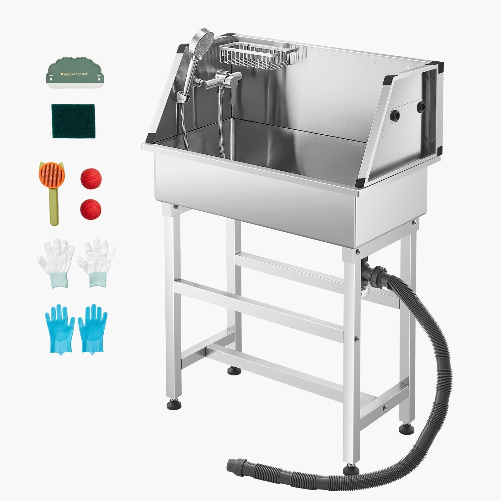 86.4 cm Stainless Steel Dog Washing Station, Pet Grooming Tub with Hot & Cold Faucet, Showerhead, Storage Rack, No-Bend All-in-One Bathtub, Home Wash Sink, Fits Small Cats and Dogs
