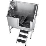 Stainless Steel Dog Washing Station, 127 cm Pet Grooming Tub w/ Stairs, PE Water Filter Board, Faucet & Showerhead & Soap Holder Dog Bathtub for Large & Medium & Small Pets (Left Door)