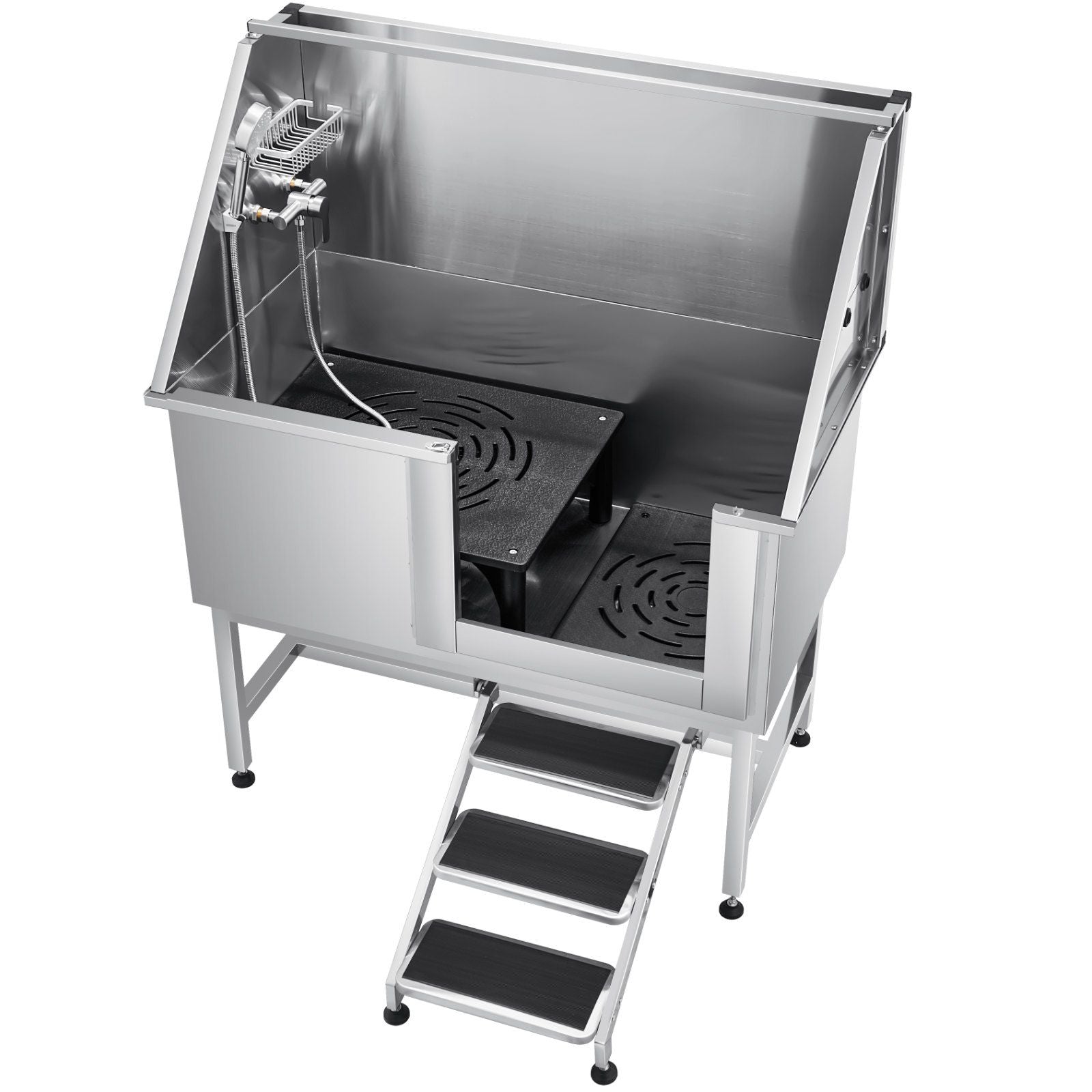 Stainless Steel Dog Washing Station, 127 cm Pet Grooming Tub w/ Stairs, PE Water Filter Board, Faucet & Showerhead & Soap Holder Dog Bathtub for Large & Medium & Small Pets (Left Door)