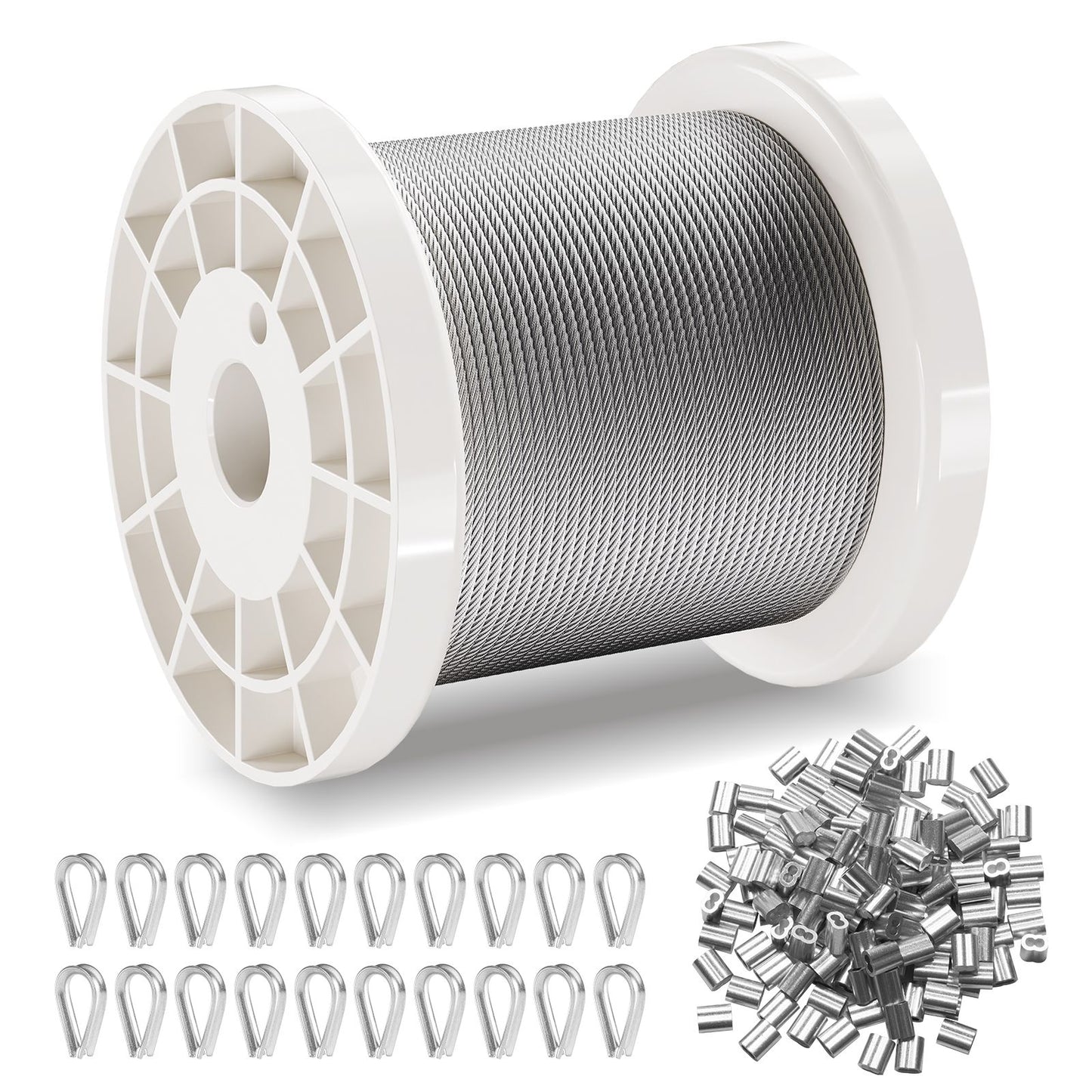 Wire Rope Kit, 1.59 mm 100.6 m 304 Stainless Steel Cable with 80 Sleeves and 20 Thimbles, 2KN Breaking Strength, 7 x 7 Strands Marine Aircraft Grade for Handrail Stair Decking Fence Outdoors