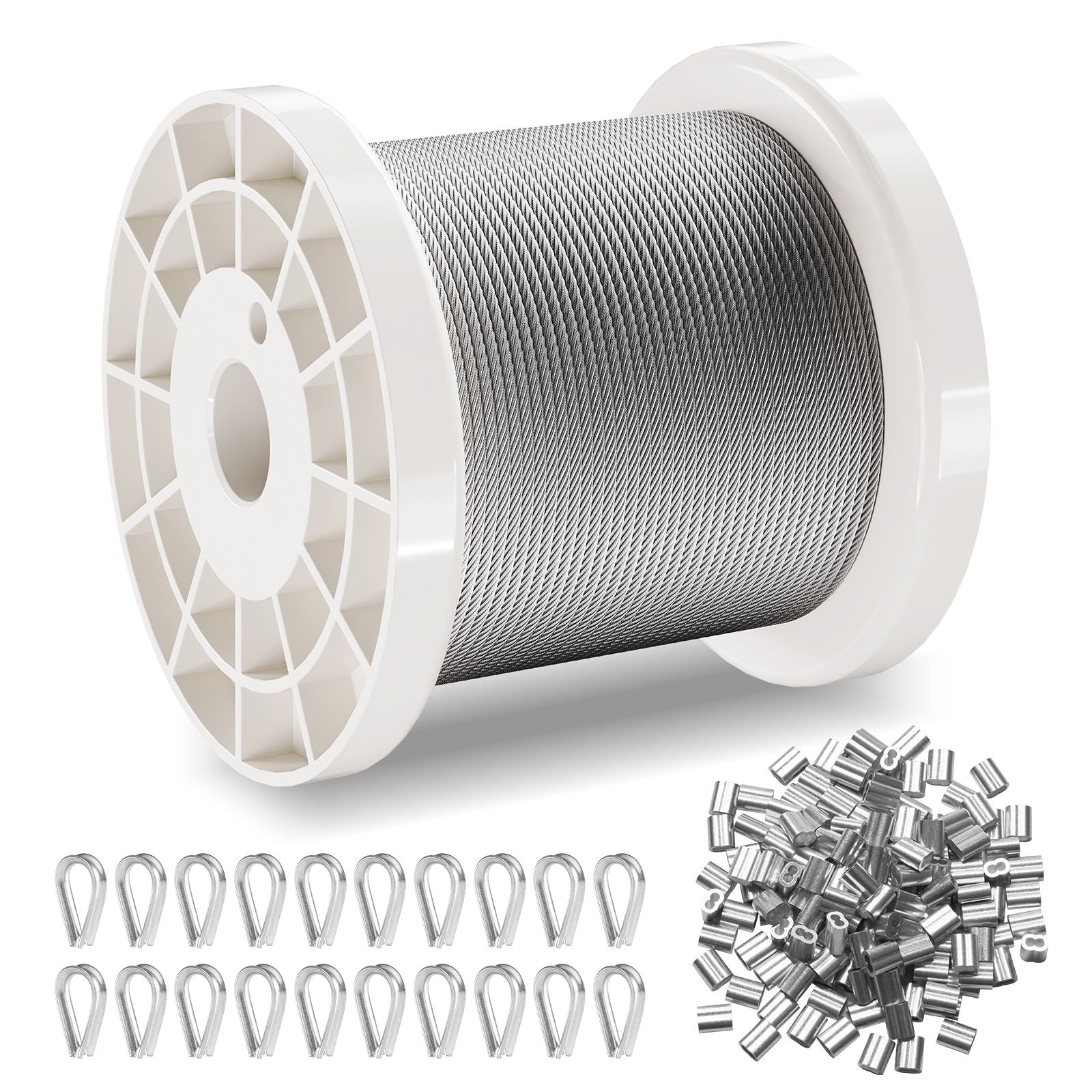 Wire Rope Kit, 1.59 mm 100.6 m 304 Stainless Steel Cable with 80 Sleeves and 20 Thimbles, 2KN Breaking Strength, 7 x 7 Strands Marine Aircraft Grade for Handrail Stair Decking Fence Outdoors