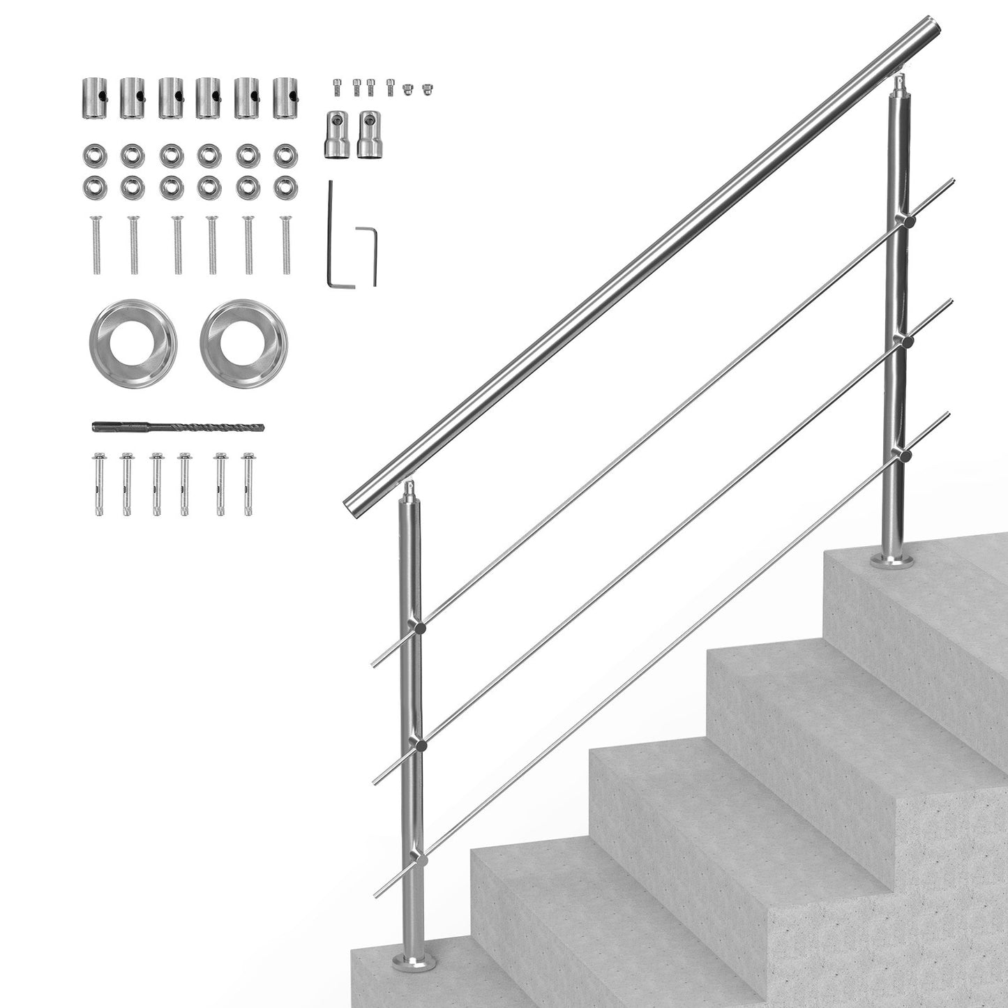 Handrails for Outdoor Steps, 59 in Length 3 Crossbars Stair Hand Rail Kit, Transitional Stainless Steel Railings w/ Installation Kit, Double-column Staircase Handrails for Seniors,Porch & Deck