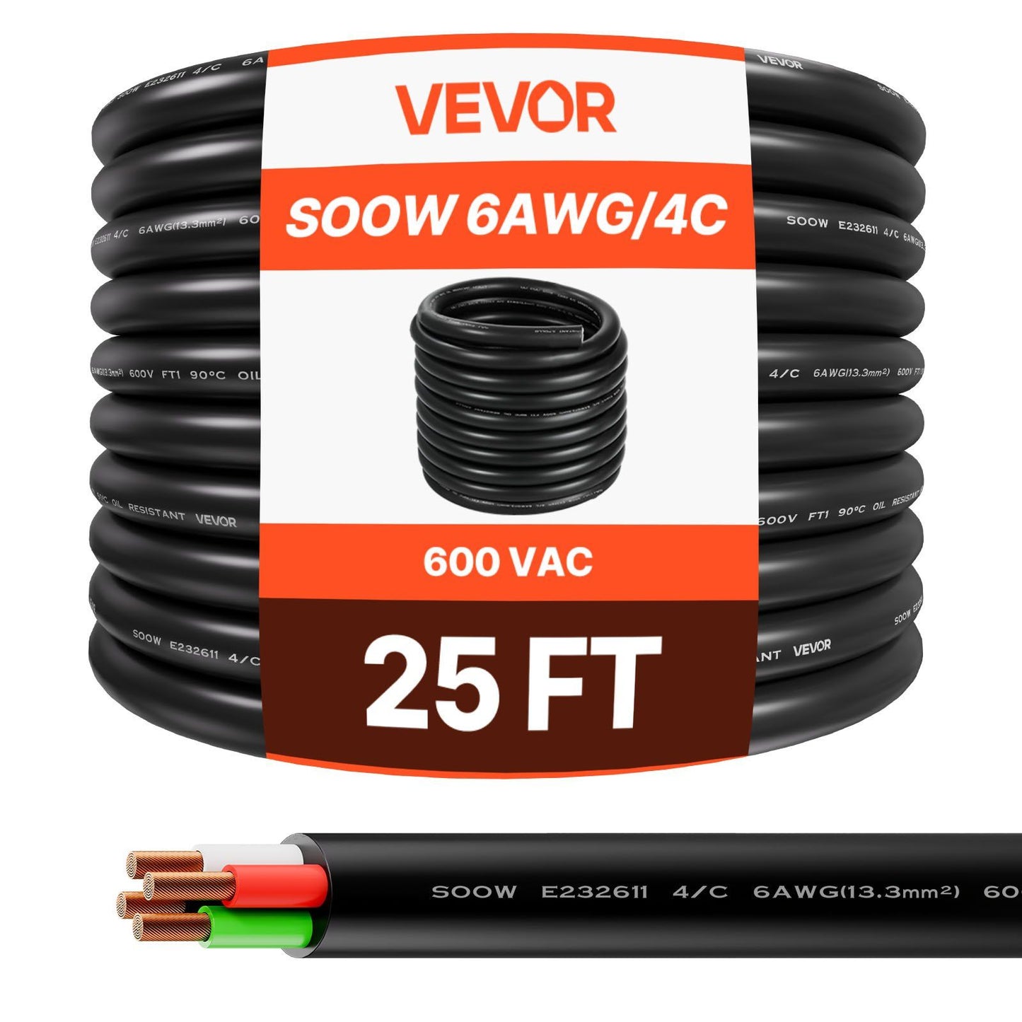 7.62 m 6AWG Portable Power Cable (4 Conductor), Heavy Duty 600V SOOW Electrical Power Cable, Industrial Grade Electric Wire, Premium CPE Rubber Jacket, Copper Extension Cord for Welder Machine