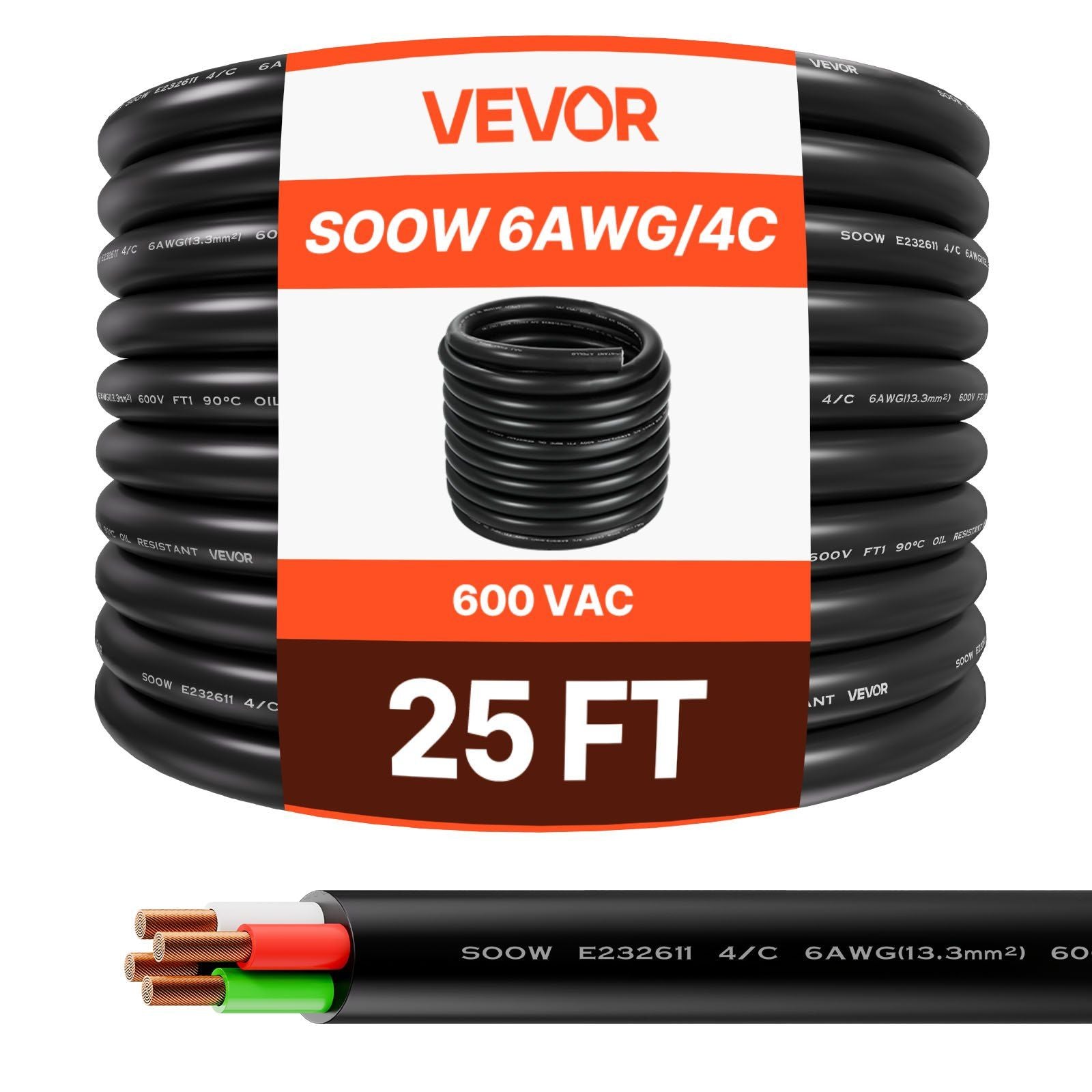 7.62 m 6AWG Portable Power Cable (4 Conductor), Heavy Duty 600V SOOW Electrical Power Cable, Industrial Grade Electric Wire, Premium CPE Rubber Jacket, Copper Extension Cord for Welder Machine