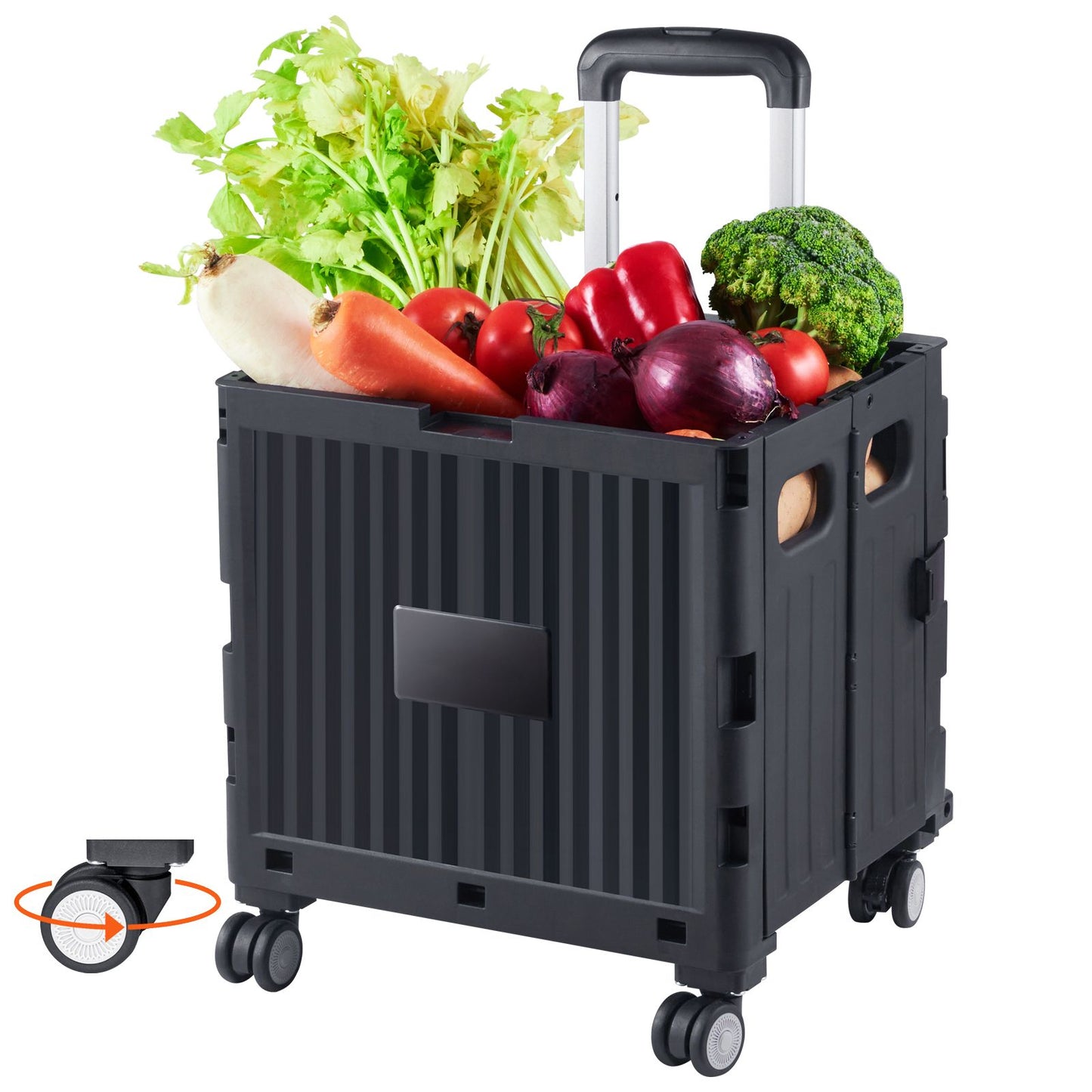 Foldable Utility Cart, 50 kg Load Capacity, Folding Portable Rolling Crate Handcart with Heavy Duty Telescoping Handle and 4 Rotate Wheels for Travel Shopping Moving Luggage Office Use, Black