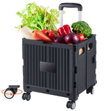 Foldable Utility Cart, 50 kg Load Capacity, Folding Portable Rolling Crate Handcart with Heavy Duty Telescoping Handle and 4 Rotate Wheels for Travel Shopping Moving Luggage Office Use, Black