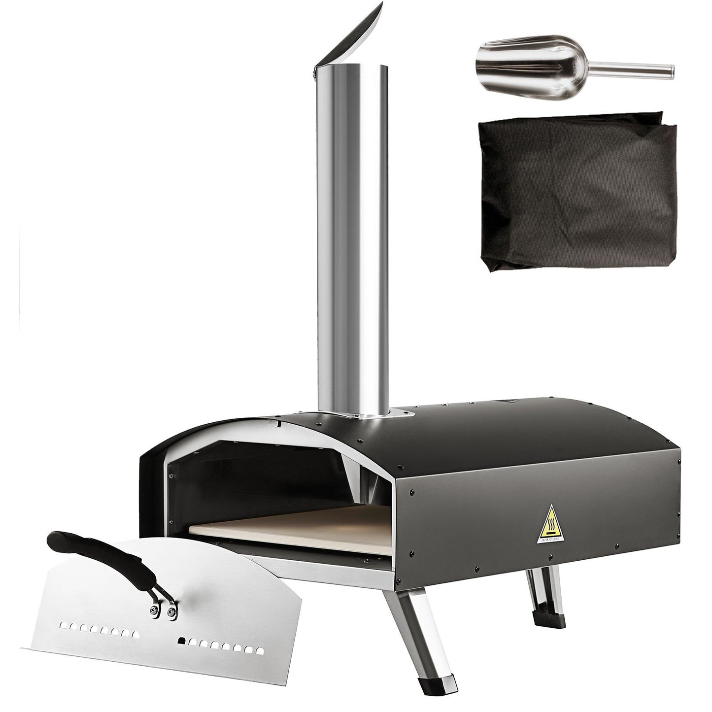 Outdoor Pizza Oven, 12-inch, Wood Pellet and Charcoal Fired Pizza Maker, Portable Outside Stainless Steel Pizza Grill with Pizza Stone, Waterproof Cover, Shovel, Wood Burner for Backyard Camping