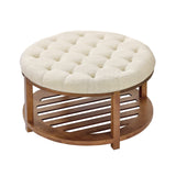 Large Round Ottoman Coffee Table, 81 cm Tufted Coffee Table with Solid Wood Shelf Storage, Linen Solid Upholstered Footrest Ottoman for Bedroom Living Room, 350 LBS, Linen Color