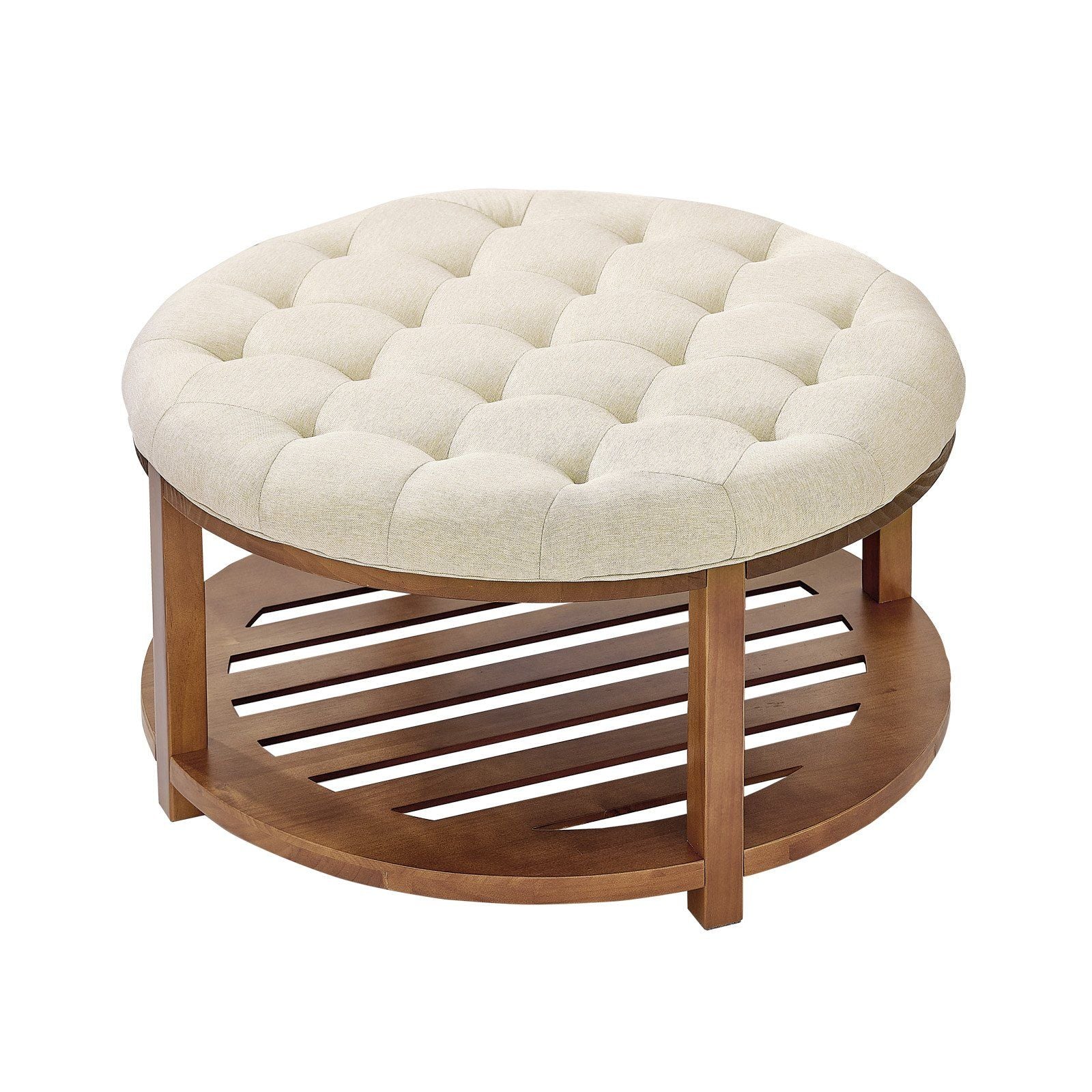Large Round Ottoman Coffee Table, 81 cm Tufted Coffee Table with Solid Wood Shelf Storage, Linen Solid Upholstered Footrest Ottoman for Bedroom Living Room, 350 LBS, Linen Color