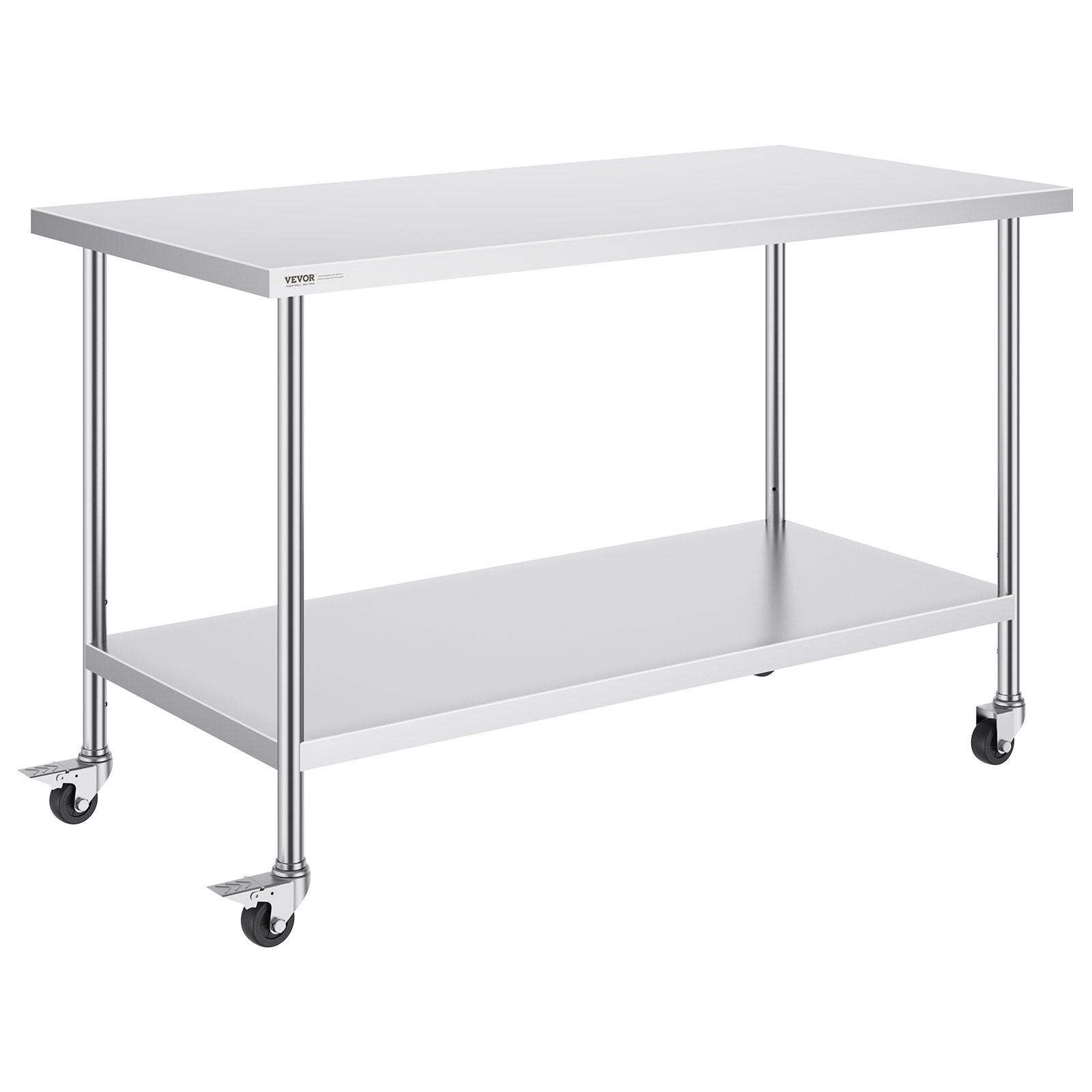 Stainless Steel Work Table 30 x 60 x 38 Inch, with 4 Wheels, 3 Adjustable Height Levels, Heavy Duty Food Prep Worktable for Commercial Kitchen Restaurant, Silver