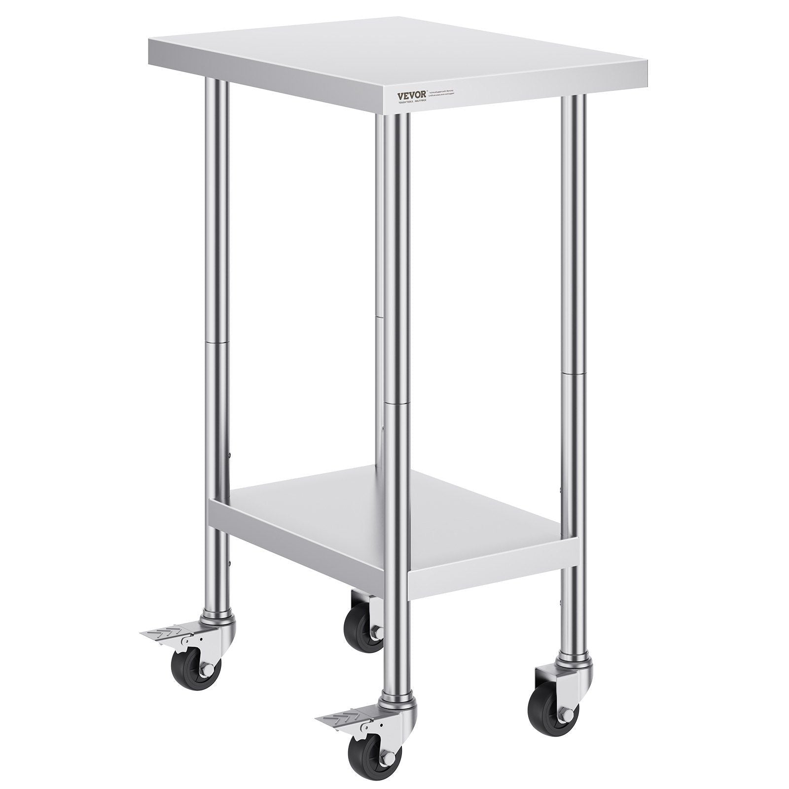 Stainless Steel Work Table 24 x 18 x 38 Inch, with 4 Wheels, 3 Adjustable Height Levels, Heavy Duty Food Prep Worktable for Commercial Kitchen Restaurant, Silver