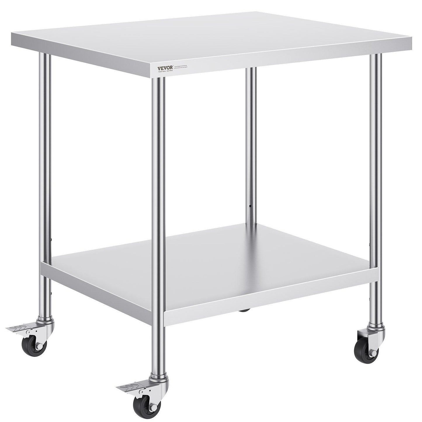 Stainless Steel Work Table 30 x 18 x 38 Inch, with 4 Wheels, 3 Adjustable Height Levels, Heavy Duty Food Prep Worktable for Commercial Kitchen Restaurant, Silver
