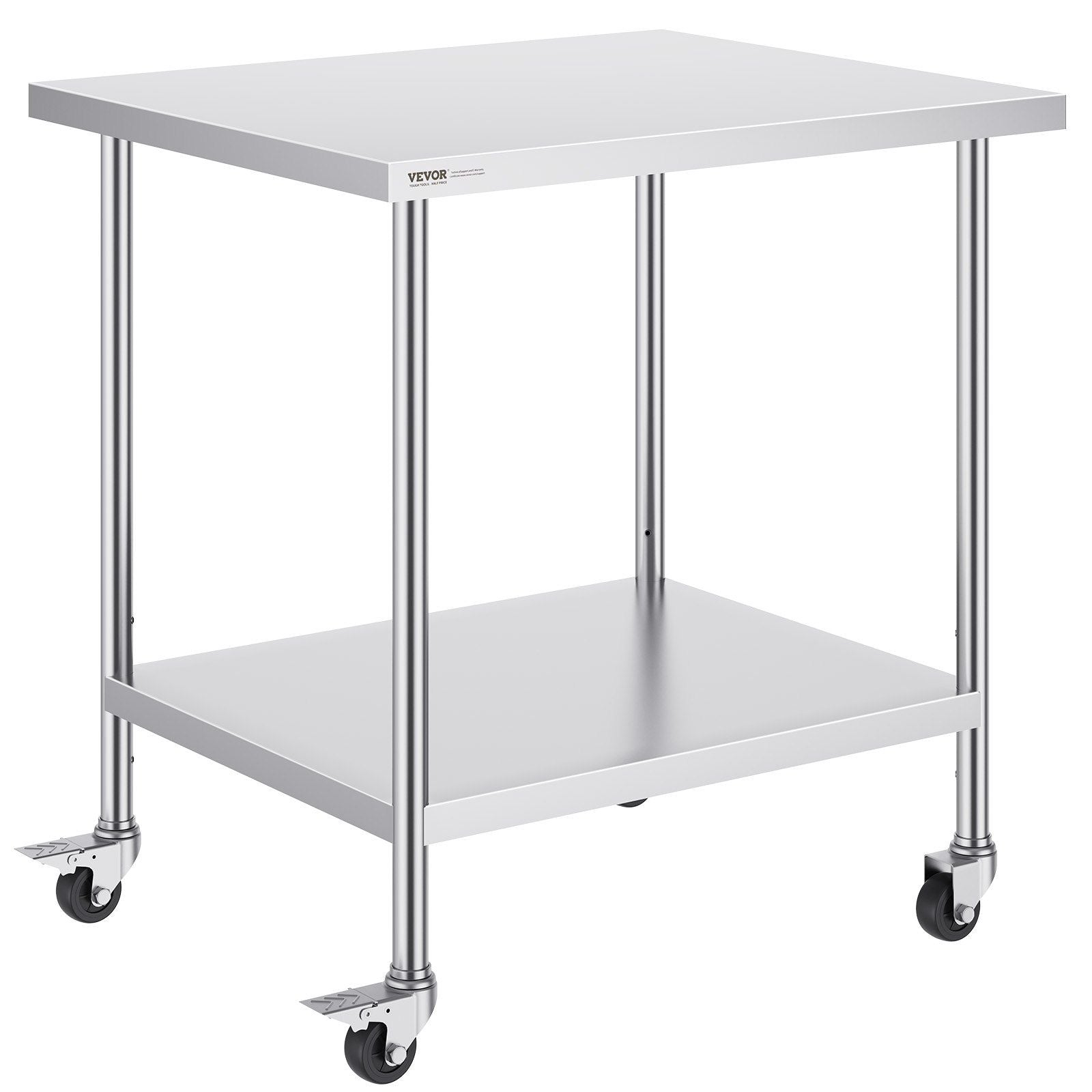 Stainless Steel Work Table 30 x 18 x 38 Inch, with 4 Wheels, 3 Adjustable Height Levels, Heavy Duty Food Prep Worktable for Commercial Kitchen Restaurant, Silver